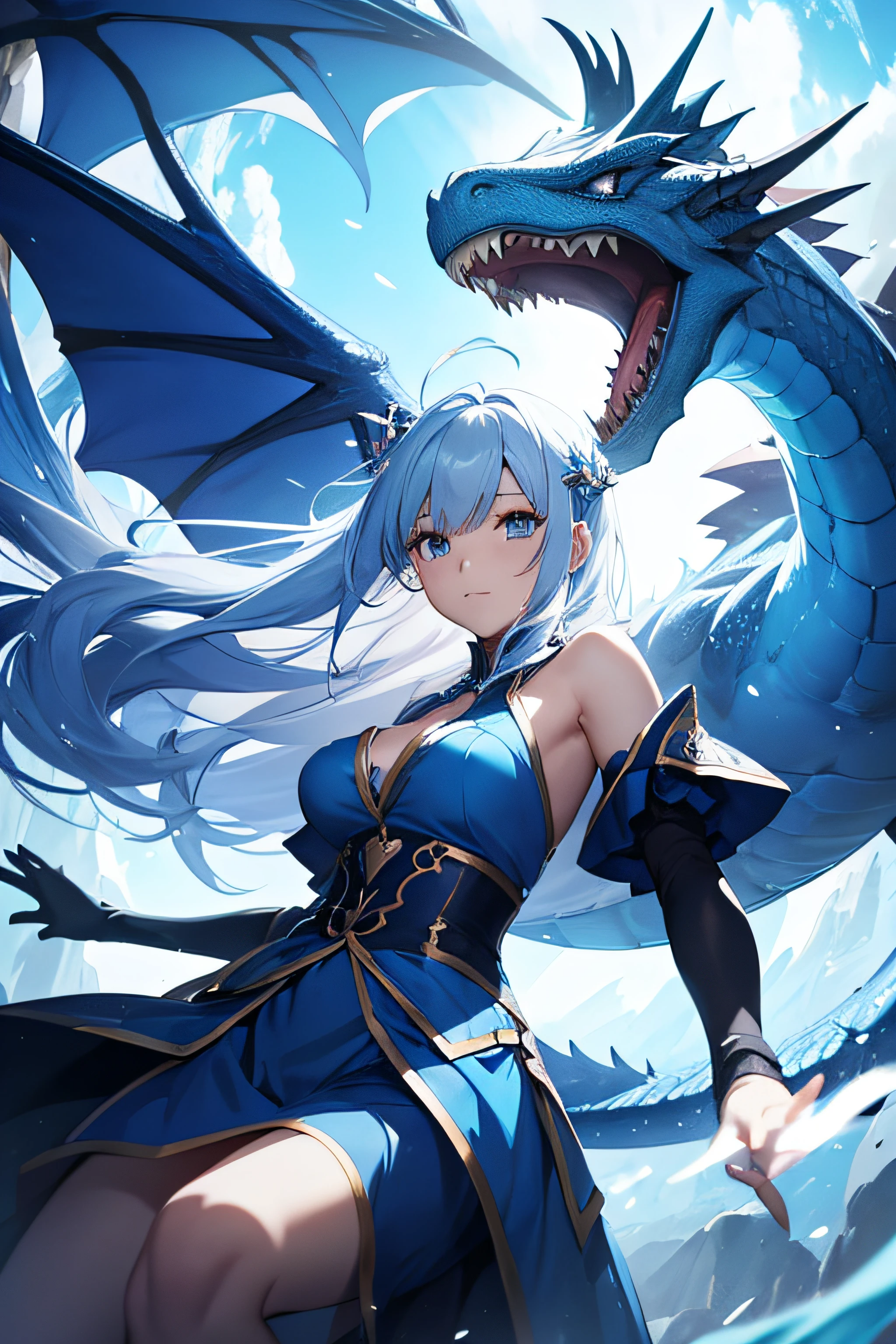 a girl with blue dress and white hair in dragon hunter style, floating in the air together with a large blue dragon, in HD, beautiful and with a powerful aura, 4k