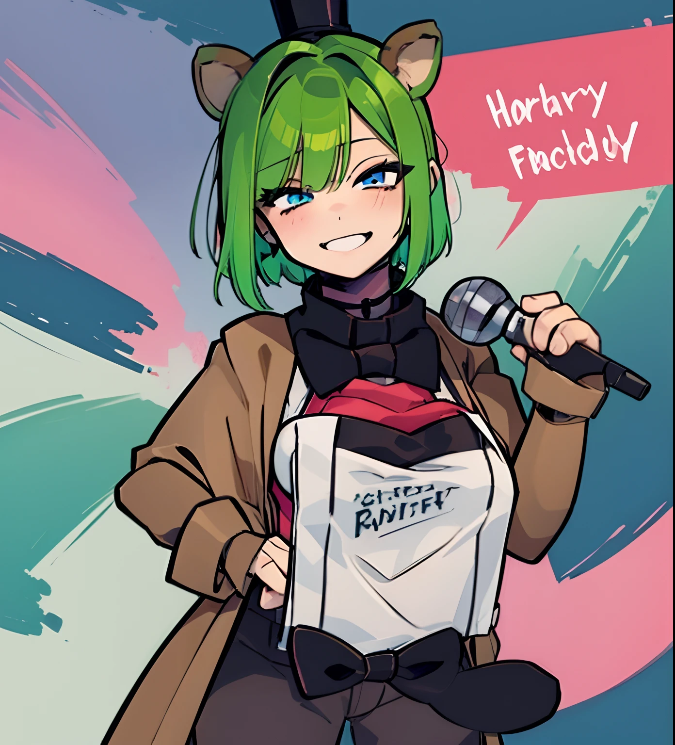 anime female short green hair and pink eyes wearing a Fnaf freddy suit no background thumbnail