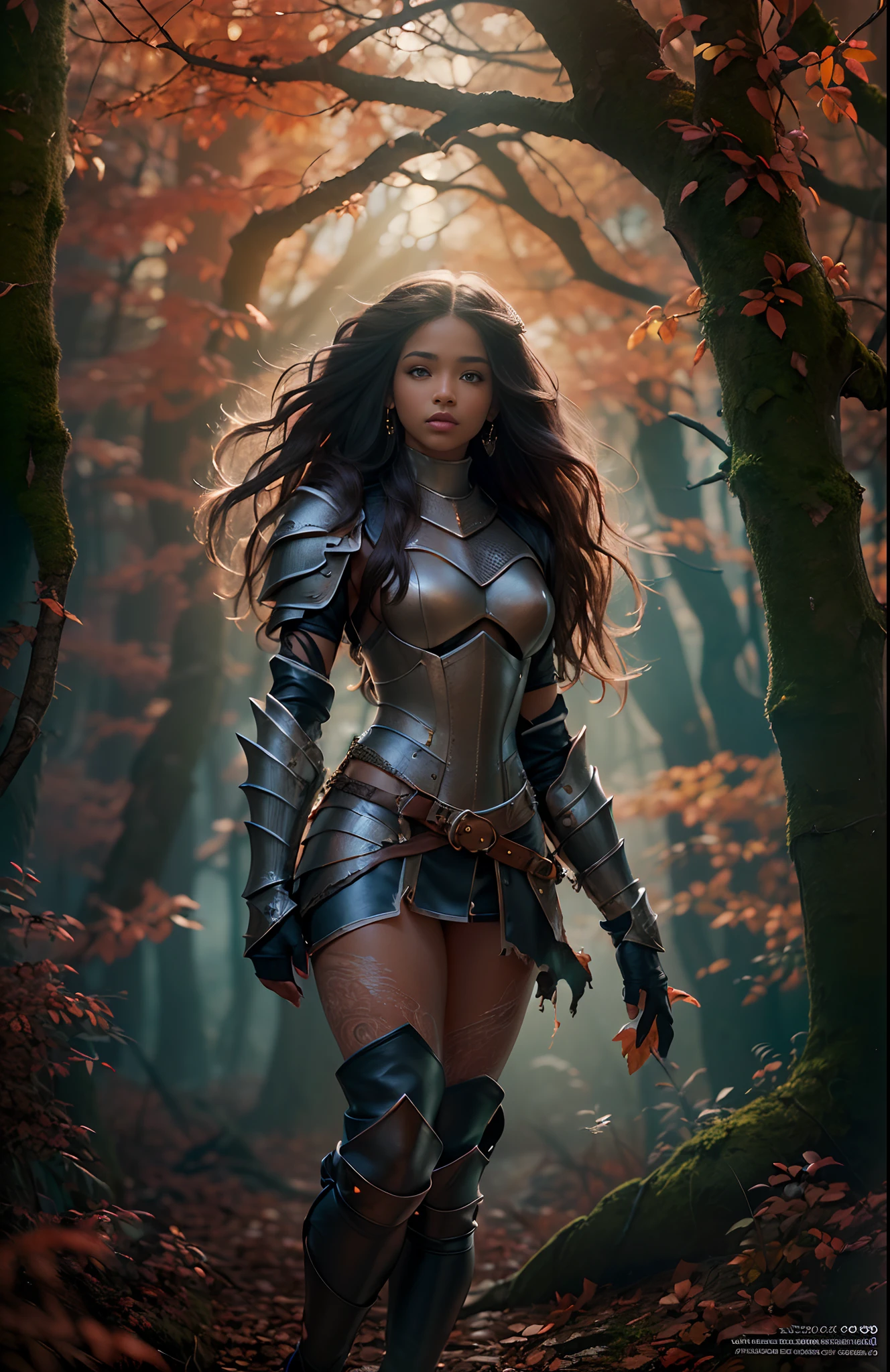 ((20-year-old))) black girl, (((light skin))), magical aura surrounding her, she is in a mysterious dark forest, dusk, (((thigh gap))), (((close-up full body pose))),  long black wavy hair, high heel boots, (((wearing torn leather armor))), (((Dungeons and Dragons style art))), fantasy art, Rich, Deep Colours, (intricate details:0.9), (HDR, hyper-detailing:1.2), (natural skin textures, hyper realisitc, soft light, Sharp),