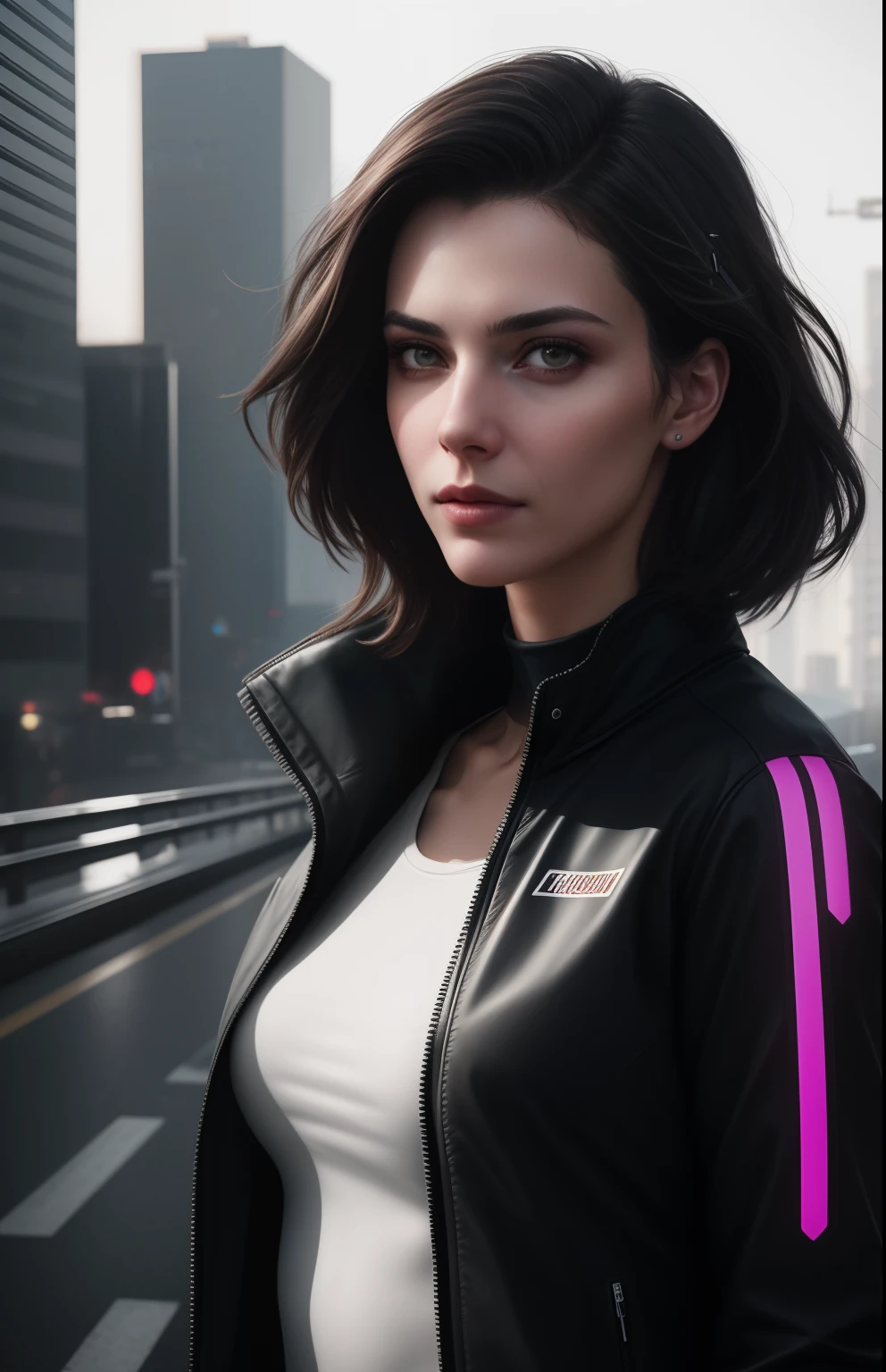 cyberpunk portrait photography, beautiful young woman looking off camera in glowing futuristic jacket, super realistic face, eyes visible through hair, proper eye position, natural skin, soft light, rim light, hips, in road side, detailed background, intricate , highly detail, octane render, HD, 8k