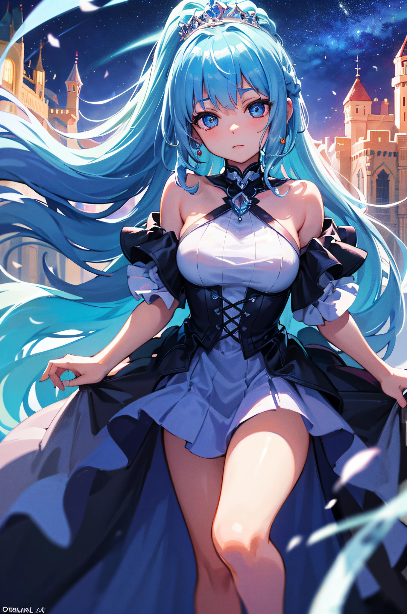 (masterpiece),(Highest image quality),top quality,(extremely detailed),4K,(8K), detailed and beautiful eyes, Highest image quality,(beautiful),((full body)),more campbell,1 girl,solo,evening,walking,reaching out,forward hands,(tiara:1.5),A girl in an incredibly stylish dress,long dress,(princess line wedding dress),Corset with crossed ribbons,(See-through gloves),she has a gorgeous mask in his hand.,medium breasts,((blunt bangs)),(twin drills:1.5), (light blue hair:1.8),pink eyes,(devil wings:1.2),devil tail,devil,(devil ears: 1.3),(Satan's horns:1.3),The breathtakingly beautiful cityscape is the backdrop for the castle with the setting sun shining through.