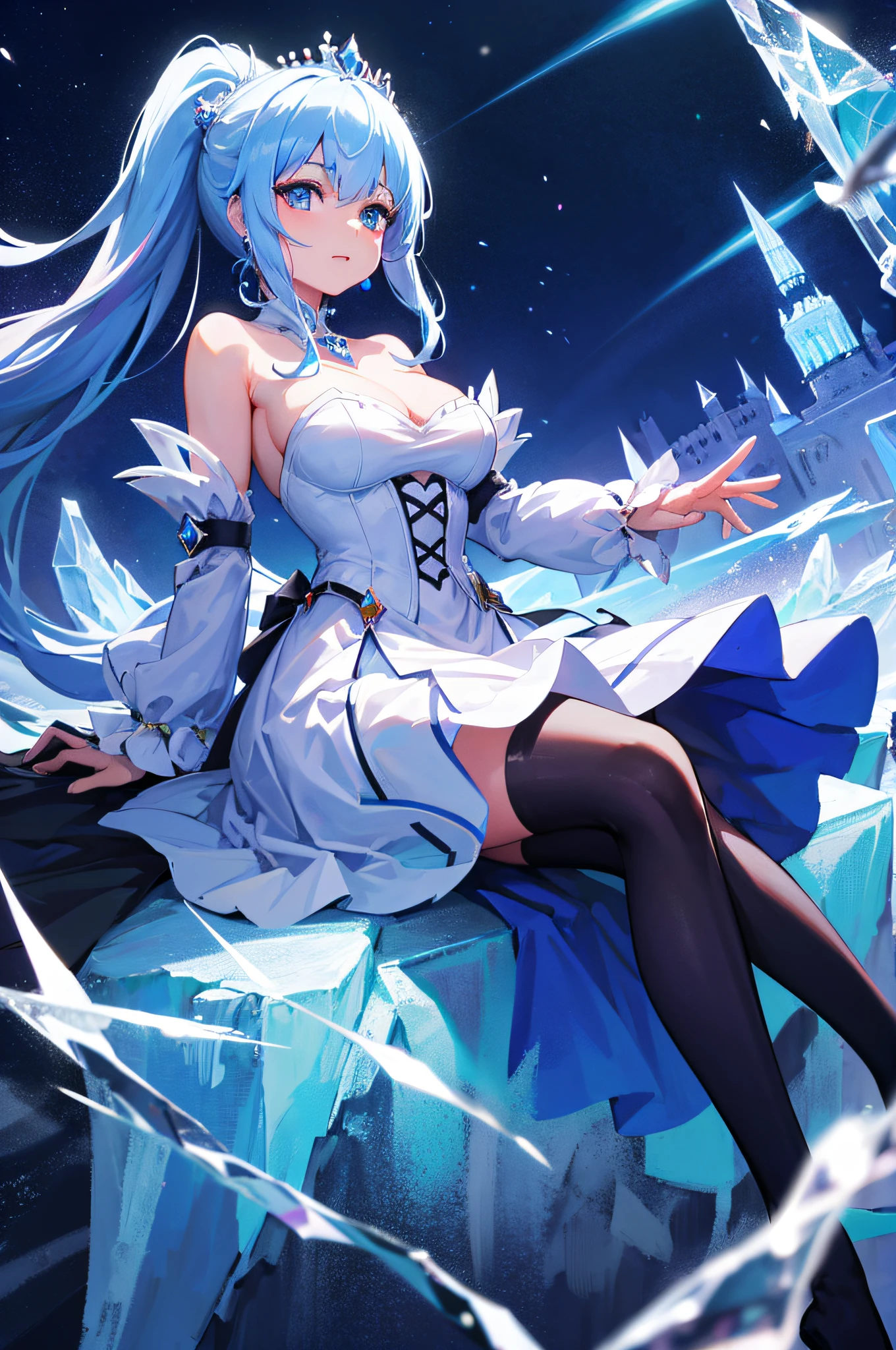 4k,hight resolution,One Woman,White-blue hair,Long ponytail,Bright blue eyes,hime,Princess dress made of ice,Princess Tiara,jewel decorations,Castle made of ice,nigh sky,Background of the Oora Borealis