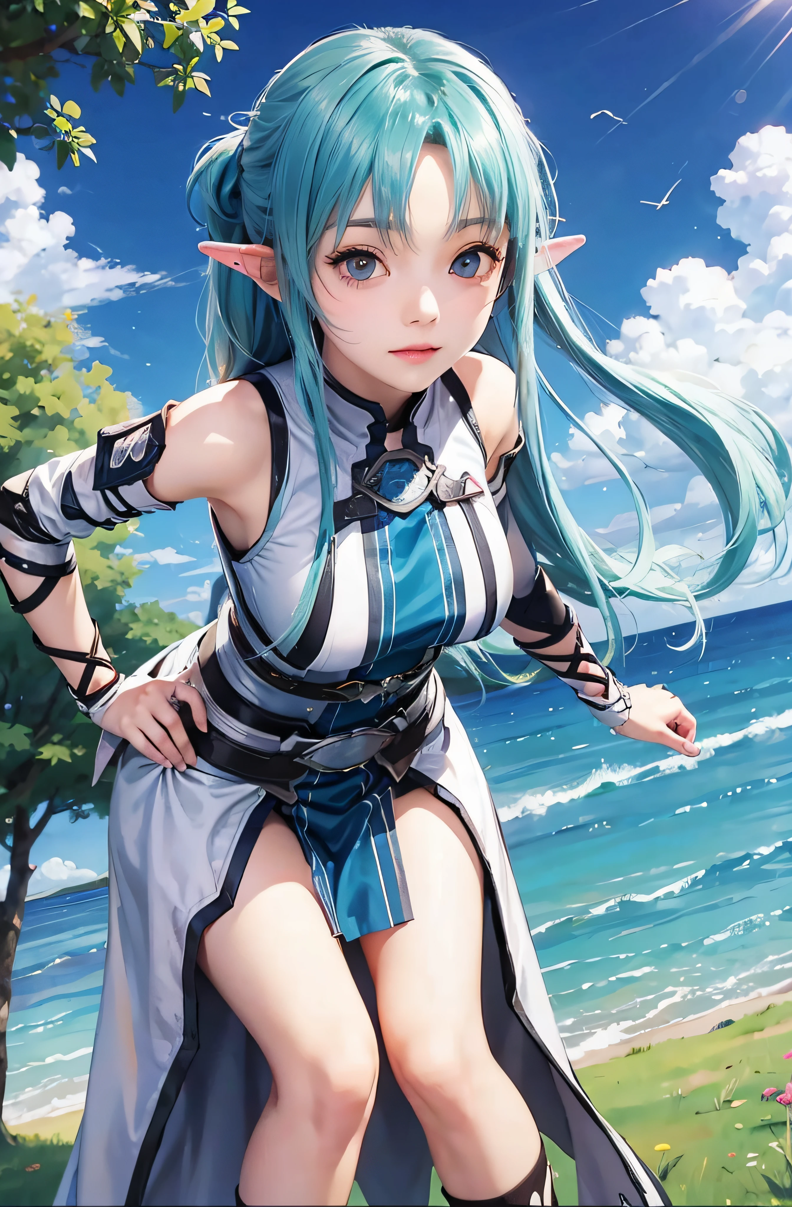 Realistic, Asuna Yuuki, ultra detalhe, olhos azuis ultra detalhe, queixo fino, Ultra Detail Hands, orelhas pontudas