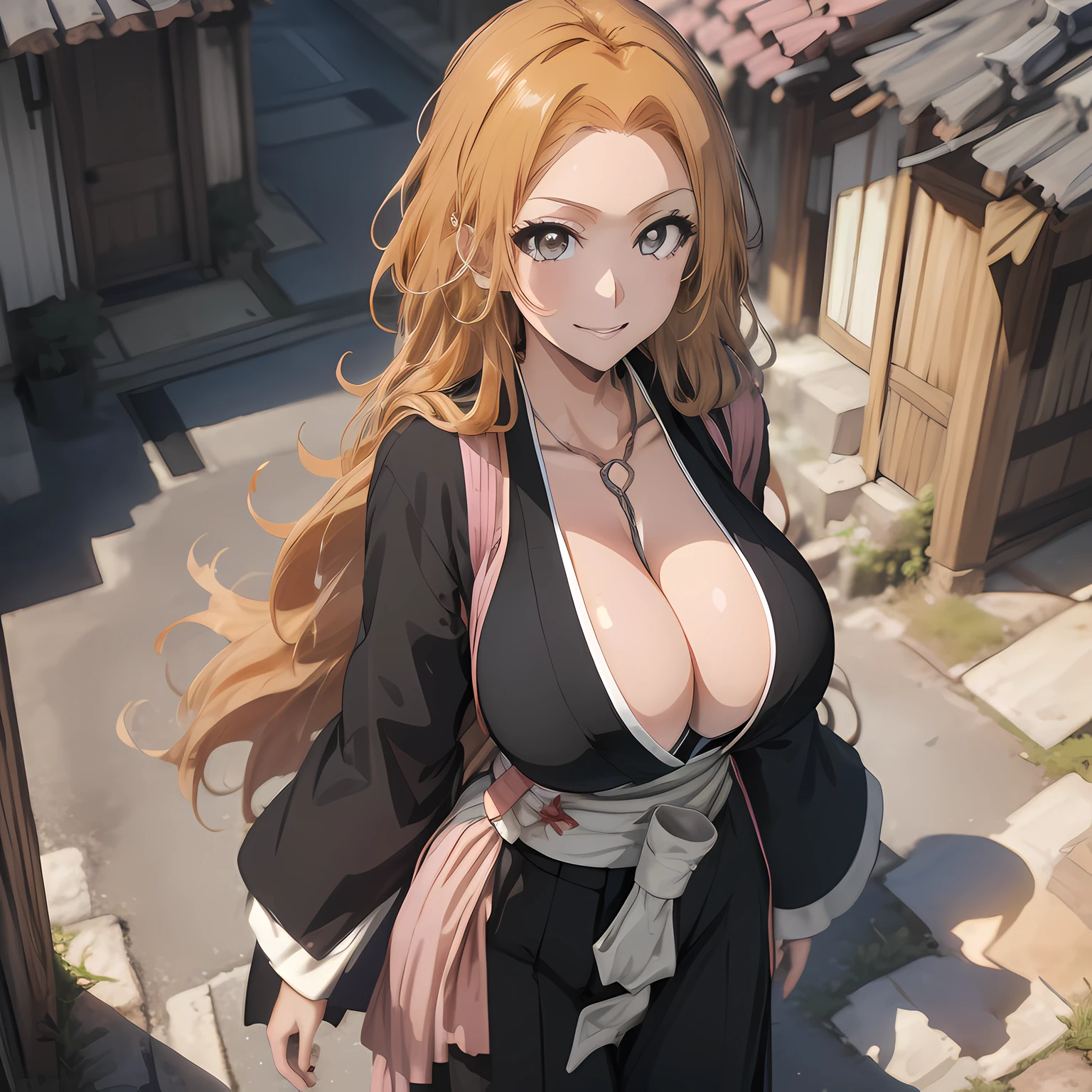 (masterpiece, top quality, best quality, beautiful and aesthetic:1.2), extremely detailed, highest detailed,gray eyes, orange hair | long blonde hair, cleavage, black japanese clothes, black kimono, silver chain, pink shawl, black wide sleeves, white sash,
Matsumoto Rangiku, from above, huge breast, looking at viewer, smile,