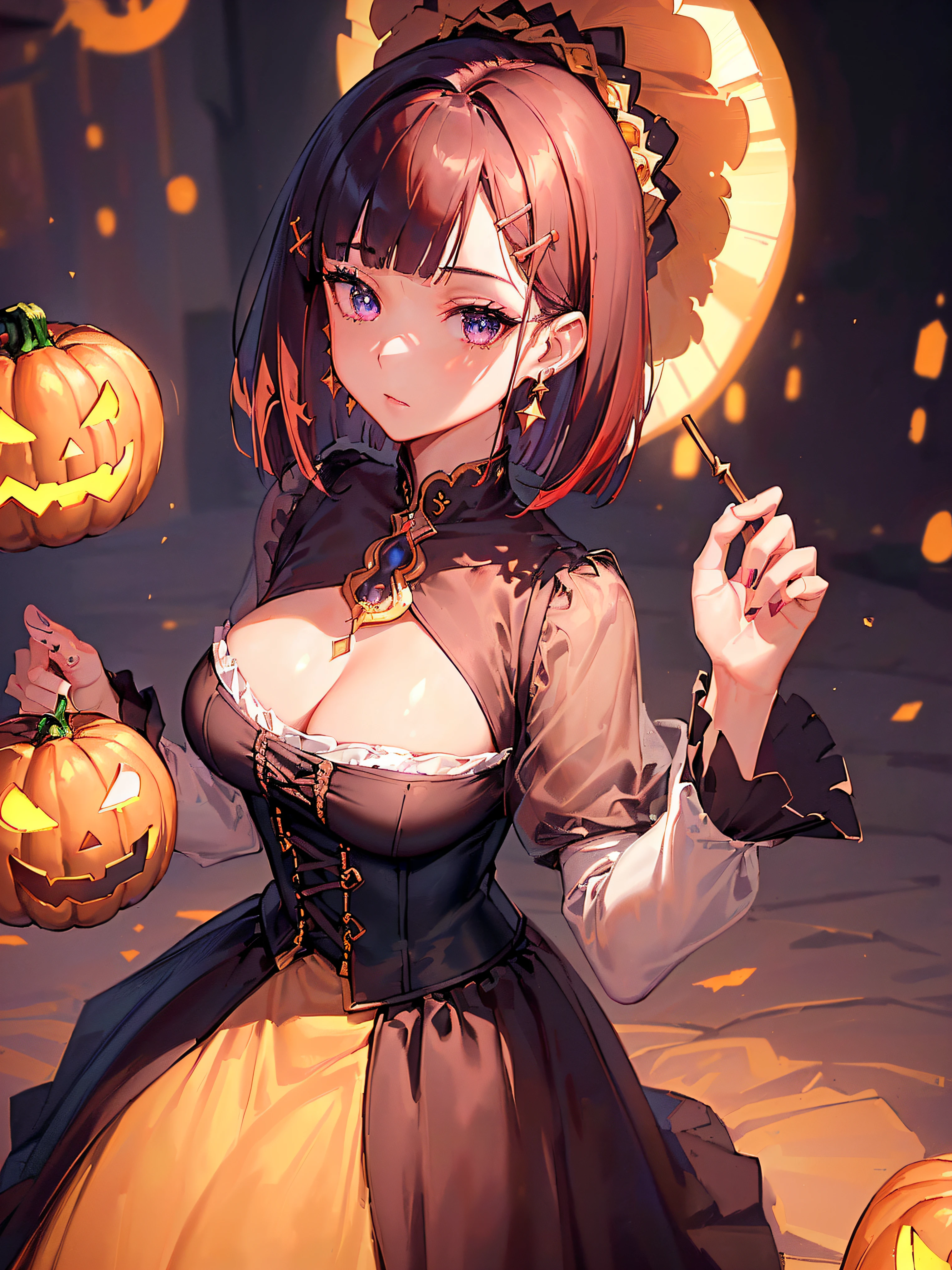 ((((holloween theme,meticulous portrayal of face，1 noblewoman，a matural female，))))(Black dress long dress，)(dark night background+,perfect background)，Prom，Court etiquette，  s the perfect face， Perfect lips， perfect  eyes,)(((theater gothic dress,long sleeves,red hair,puff sleeves,corset,large breasts)))，((1lady,adorable korean mixed race of Saudi Arabia girl，rosto magro，Solo,))(Masterpiece,Best quality, offcial art, Beautiful and aesthetic:1.2),((超高分辨率,Golden ratio,)) (16k),((theater mask,round eyewear,melon face，from above，1JK,pumpkin,pumpkin light,big purple witch hat)),(Physically-based rendering),Amazing,Sharp focus, (((highdetailskin,))),Intricately detailed clothing，Burgundy pupils,Hexagram pupils,intricate pupils,((((detailed hair|short hair|long bangs|blunt bangs)))),((Slender,))(masterpiece sidelighting),(The sheen),(beautiful hair,beautiful eyes,）[[Delicate fingers and hands:0.55]::0.85],(Detail fingers),(((Superior quality)))),((unbelievable Ridiculous,)),((extremely_Detailed_Eyes_and_face)),Movie girl,(Dynamic configuration: 1.2),Brilliant,Beautiful woman, (Photorealistic),( maple,), mitts, star earrings, ((hairclip)), Light particles, view the viewer,  petals, Side Rock,, two-sided fabric