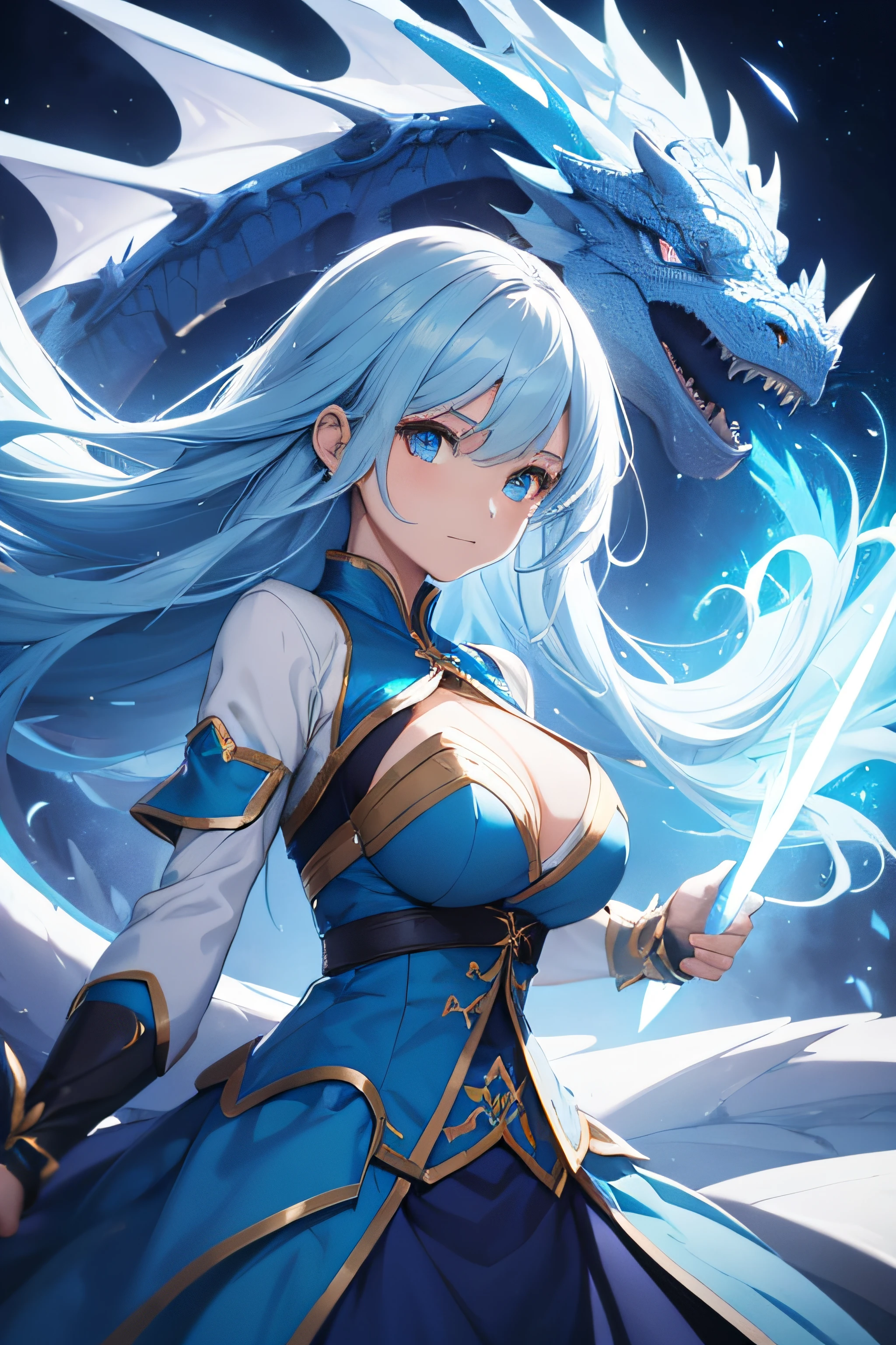 a girl with blue dress and white hair in dragon hunter style,mouint in the air with a large blue dragon, in HD, beautiful and with a powerful aura, 4k, details