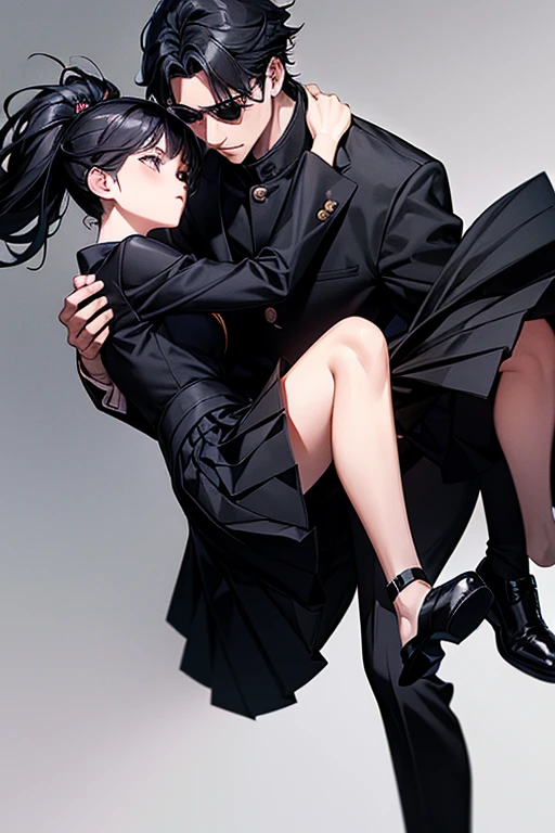 (1 girl), (1 boy), black hair, man carrying woman in a princess carry, (man in black Gakuran and black slacks), (woman in black sailor dress and black pleated skirt), cool guy, cute girl, princess carry, cinematic effect, accurate posing, accurate human anatomy, high quality , high resolution, masterpiece