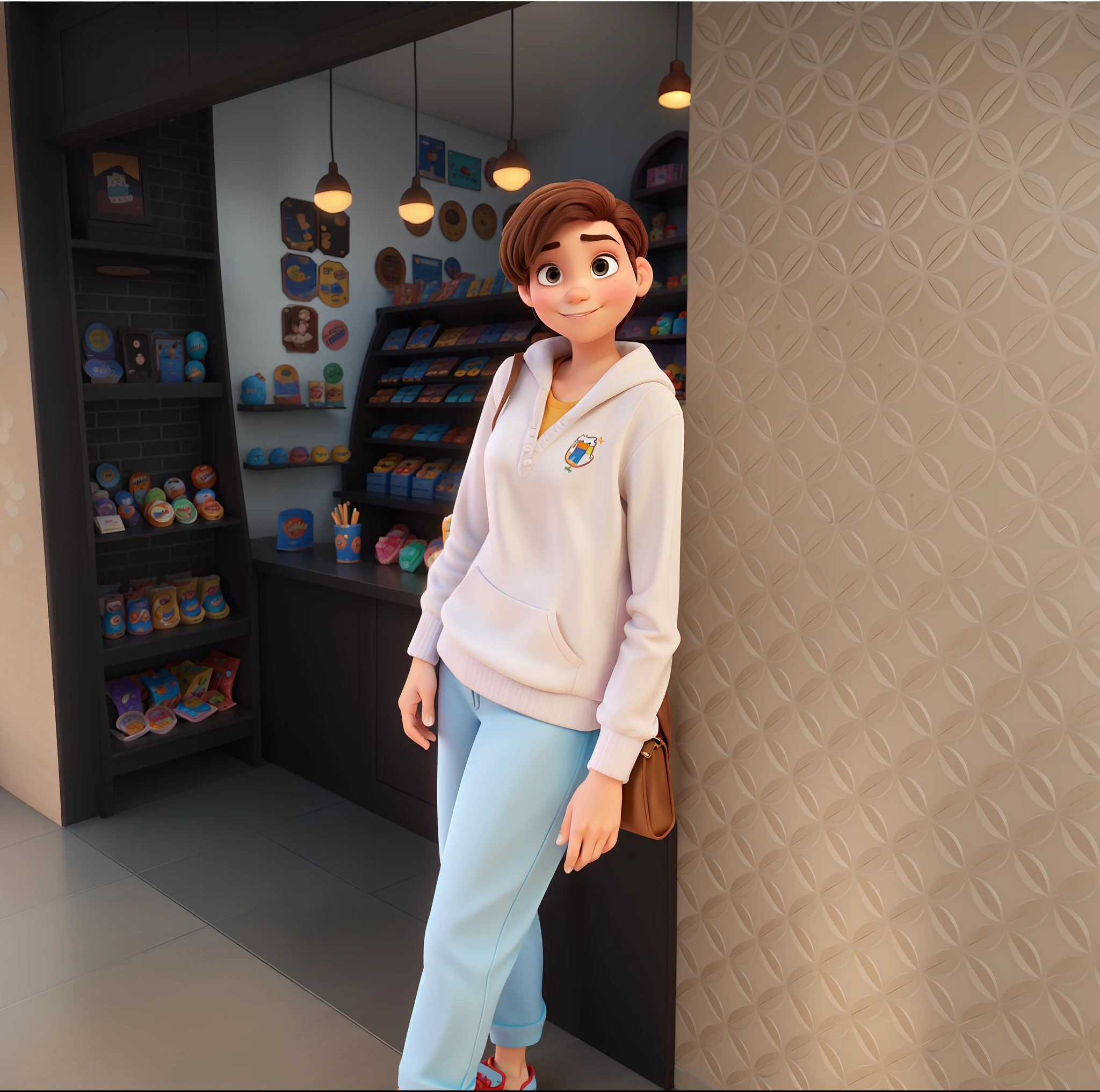 uma jovem de cabelo curto cacheado, no estilo Disney pixar , Standing in a confectionery shop