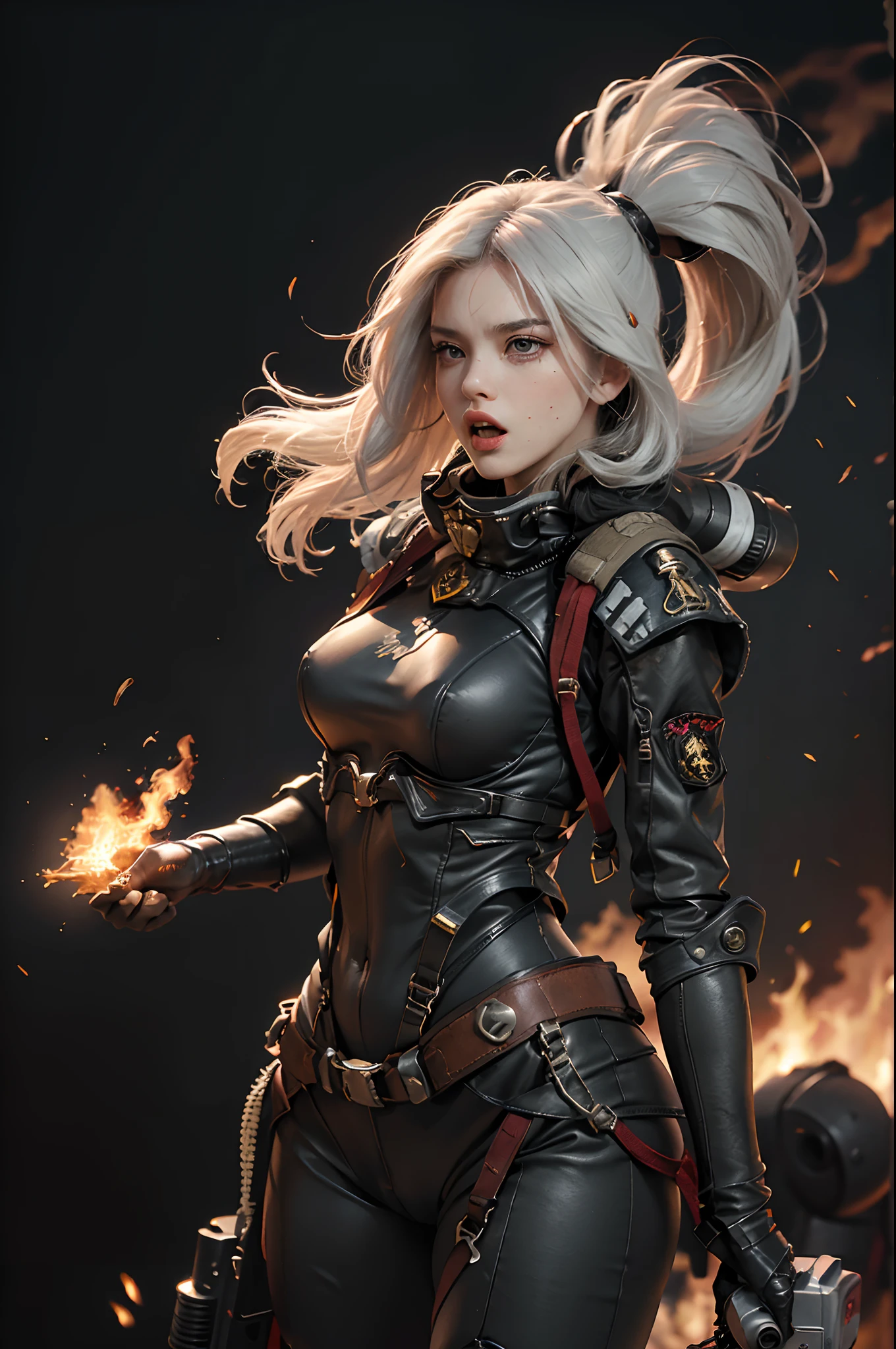 (Highest image quality, outstanding details, ultra-high resolution), 1 girl, suit((futuristic military outfit, adepta sororitas, military harness, military gears such as pouches)), (glamour body, curvy body, buffed and muscular body, tight abs, ), background(warfare background including explosion and flame), (open mouth and shout out for war cry, angry expression, aggressive expression, pointing to a direction, advancing, dynamic pose), white hair, cowboy shot, low angle,