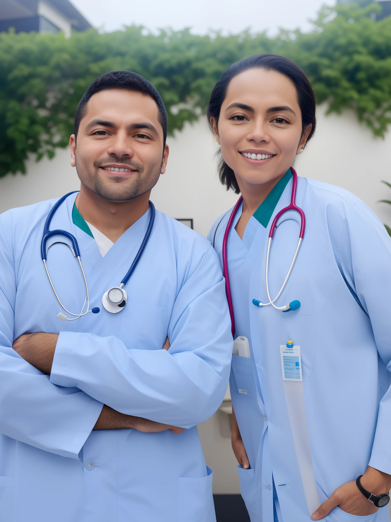 It's two doctors standing next to each other with their arms crossed, healthcare worker, enfermagem, medic, masked doctors, jalecos, vestindo jaleco e blusa, with a stethoscope, jaleco e camiseta, healthcare, In the background, foto retrato, surgical gown and scrubs on, usando jaleco, vestindo um jaleco branco