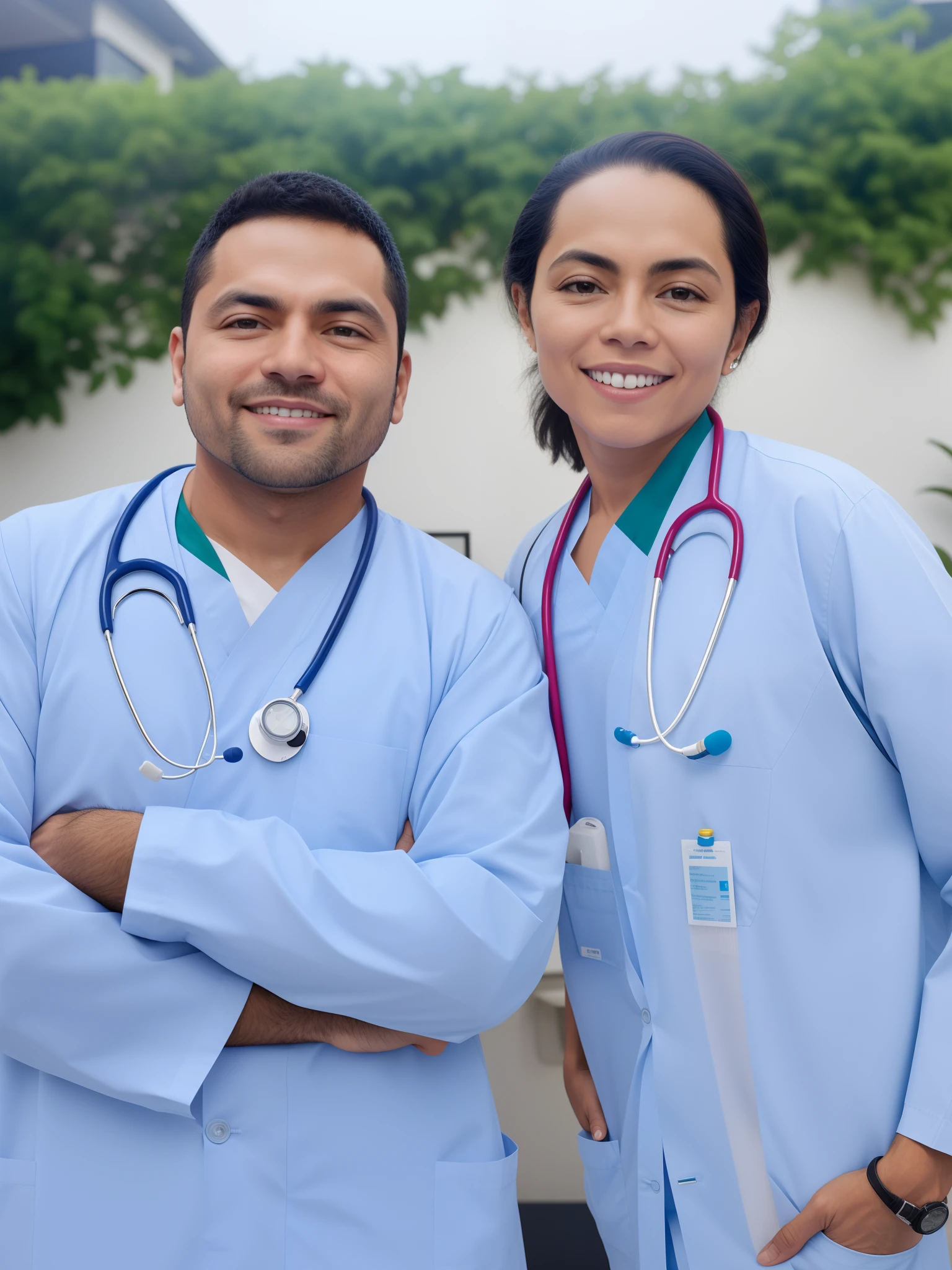 It's two doctors standing next to each other with their arms crossed, healthcare worker, enfermagem, medic, masked doctors, jalecos, vestindo jaleco e blusa, with a stethoscope, jaleco e camiseta, healthcare, In the background, foto retrato, surgical gown and scrubs on, usando jaleco, vestindo um jaleco branco