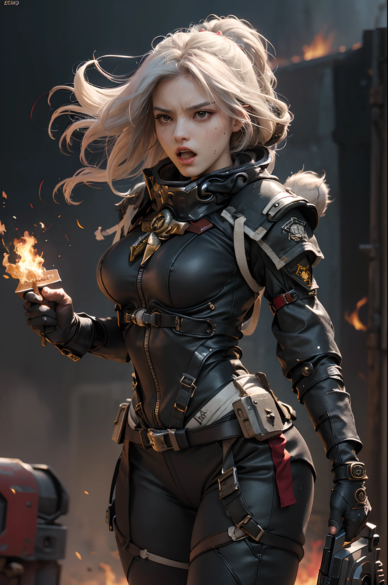 (Highest image quality, outstanding details, ultra-high resolution), 1 girl, suit((futuristic military outfit, adepta sororitas, military harness, military gears such as pouches)), (glamour body, curvy body, buffed and muscular body, tight abs, ), background(warfare background including explosion and flame), (open mouth and shout out for war cry, angry expression, aggressive expression, pointing to a direction, advancing, dynamic pose), white hair, cowboy shot, low angle,