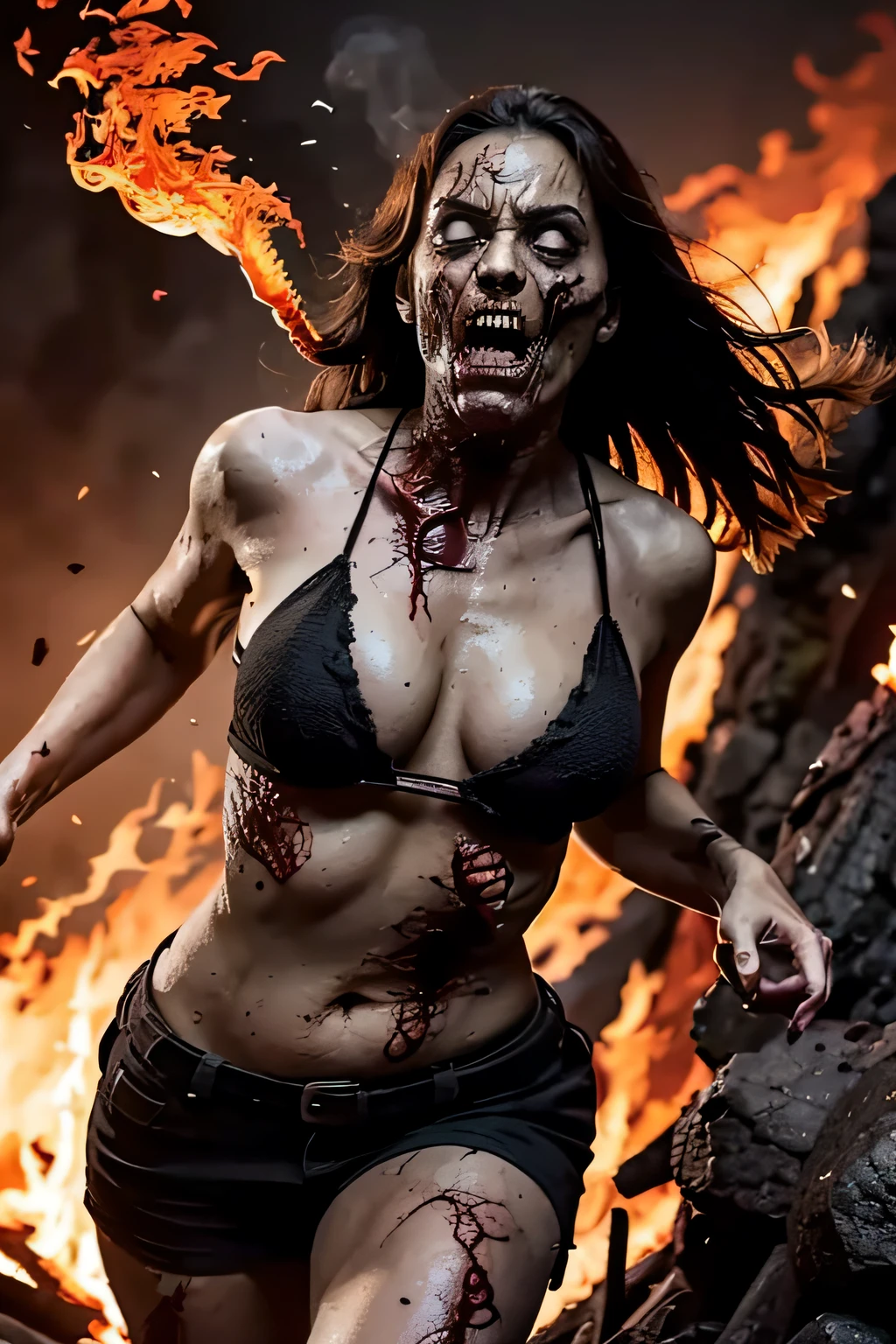 Zombie on fire running through the flames and smoke, Assustador, mostrando os dentes, corpo carbonizado, pele com queimaduras
