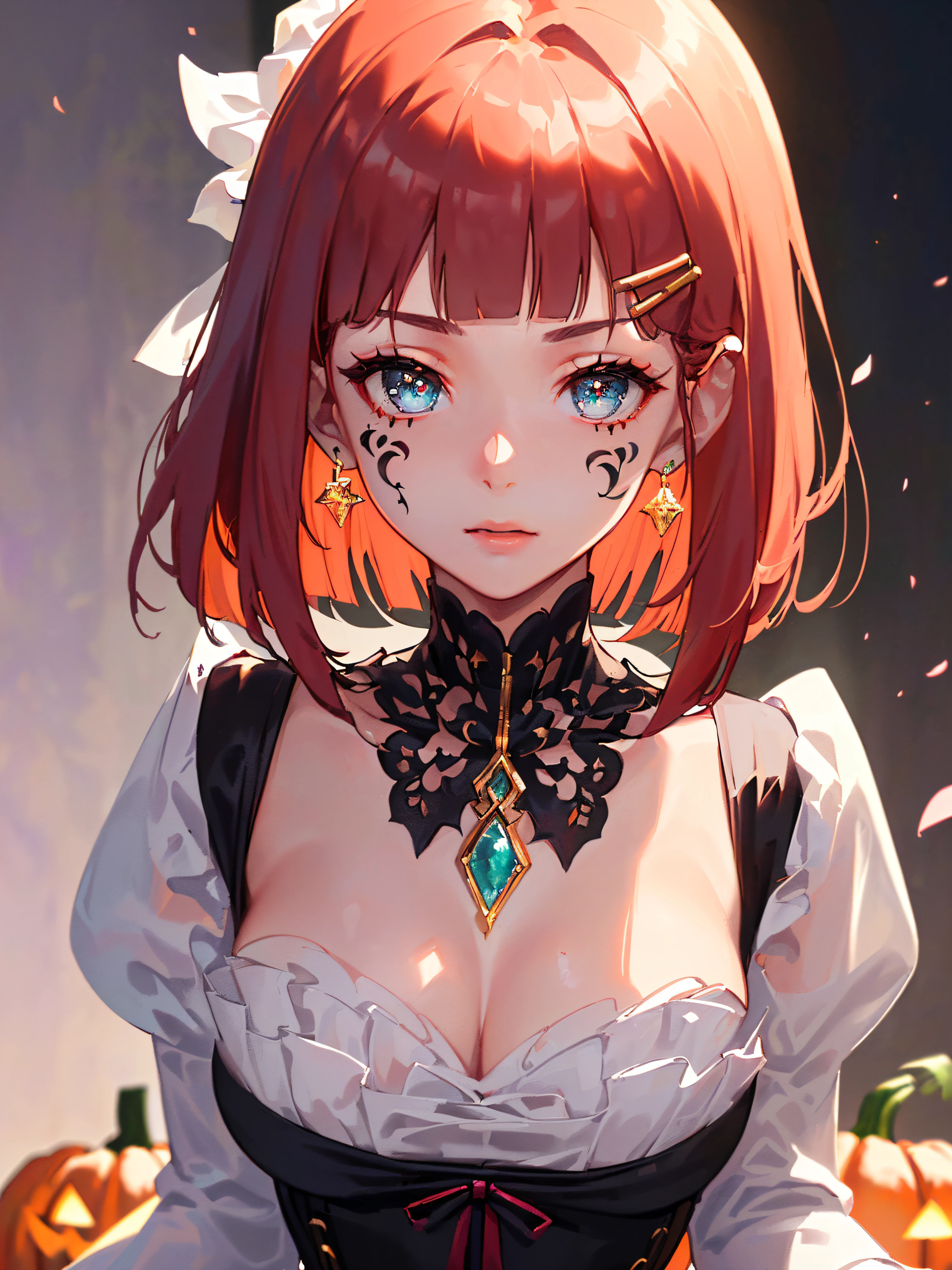 ((((holloween theme,meticulous portrayal of face，1 noblewoman，a matural female，))))(Black dress long dress，)(dark night background+,perfect background)，Prom，Court etiquette，  s the perfect face， Perfect lips， perfect  eyes,)(((theater gothic dress,long sleeves,red hair,puff sleeves,corset,smooth breasts)))，((1lady,adorable korean mixed race of Saudi Arabia girl，rosto magro，Solo,))(Masterpiece,Best quality, offcial art, Beautiful and aesthetic:1.2),((超高分辨率,Golden ratio,)) (16k),((opera mask,facial tattoo,melon face，from above，1JK,pumpkin,pumpkin light,big white witch hat)),(Physically-based rendering),Amazing,Sharp focus, (((highdetailskin,))),Intricately detailed clothing，Burgundy pupils,Hexagram pupils,intricate pupils,((((detailed hair|short hair|long bangs|blunt bangs)))),((Slender,))(masterpiece sidelighting),(The sheen),(beautiful hair,beautiful eyes,）[[Delicate fingers and hands:0.55]::0.85],(Detail fingers),(((Superior quality)))),((unbelievable Ridiculous,)),((extremely_Detailed_Eyes_and_face)),Movie girl,(Dynamic configuration: 1.2),Brilliant,Beautiful lady, (Photorealistic),( maple,), mitts, star earrings, ((hairclip)), Light particles, view the viewer,  petals, Side Rock,, two-sided fabric
