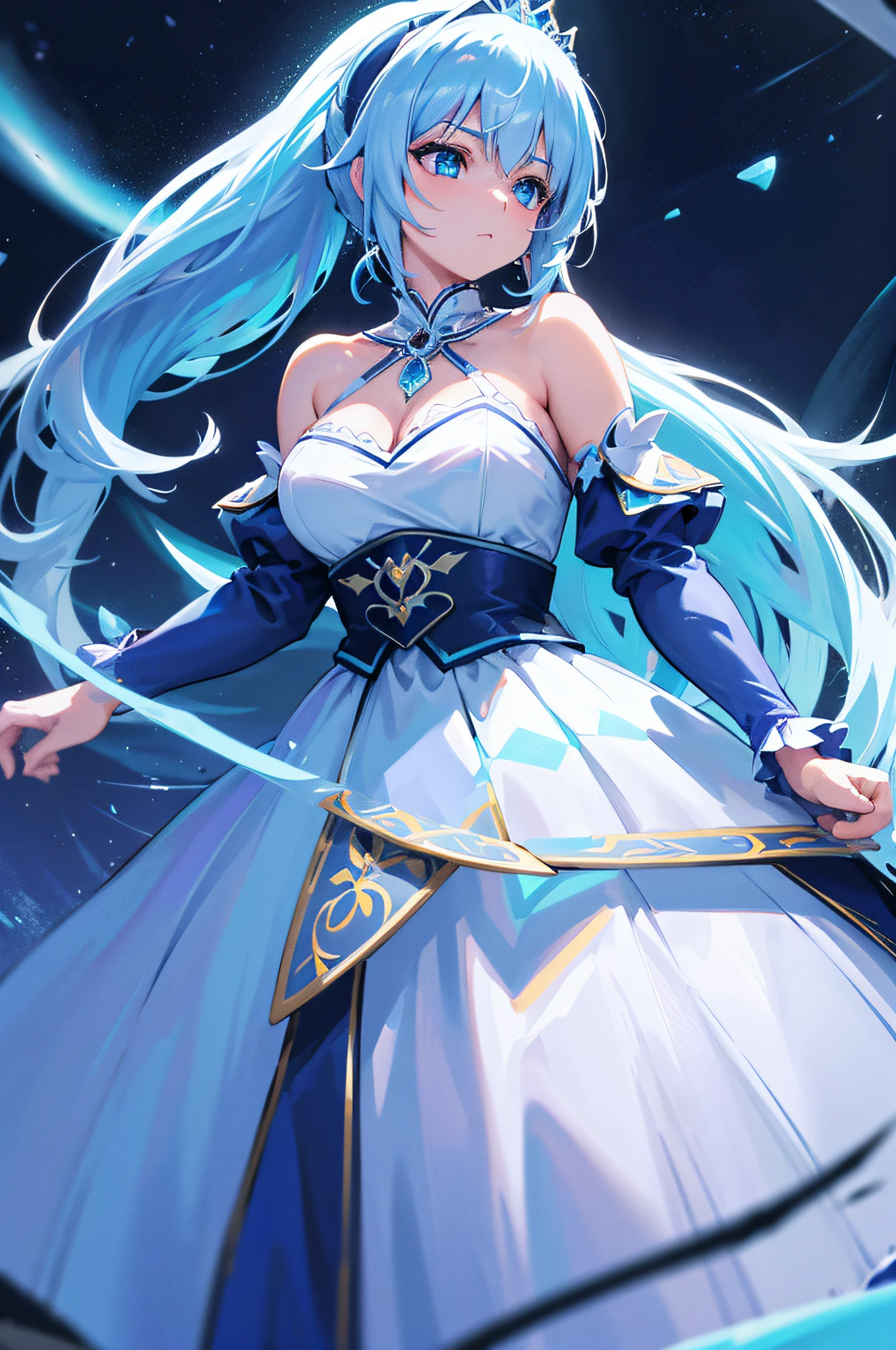 4k,hight resolution,One Woman,White-blue hair,Long ponytail,Bright blue eyes,hime,Princess dress made of ice,Princess Tiara,jewel decorations,Castle made of ice,nigh sky,Background of the Oora Borealis