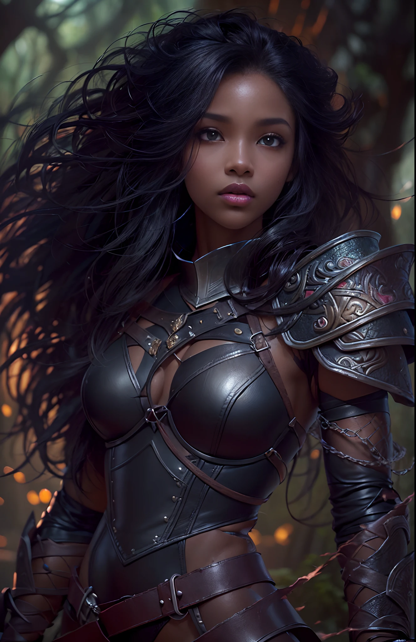 ((20-year-old))) black girl, (((light skin))), magical aura surrounding her, she is in a mysterious dark forest, dusk, (((thigh gap))), (((close-up full body pose))), long black wavy hair, high heel boots, (((wearing torn leather armor))), (((Dungeons and Dragons style art))), fantasy art, Rich, Deep Colours, (intricate details:0.9), (HDR, hyper-detailing:1.2), (natural skin textures, hyper realisitc, soft light, Sharp),