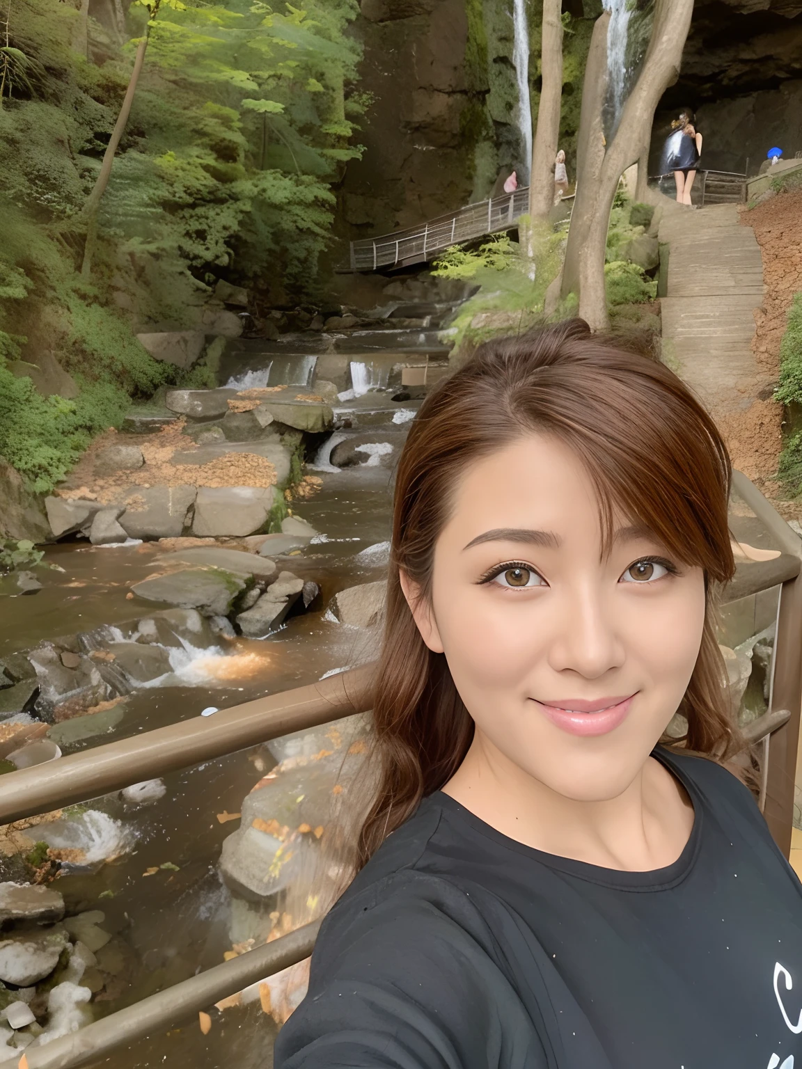 Beautuful Women、background is waterfall、big eye、Look at the camera、Slightly open mouth、a smile