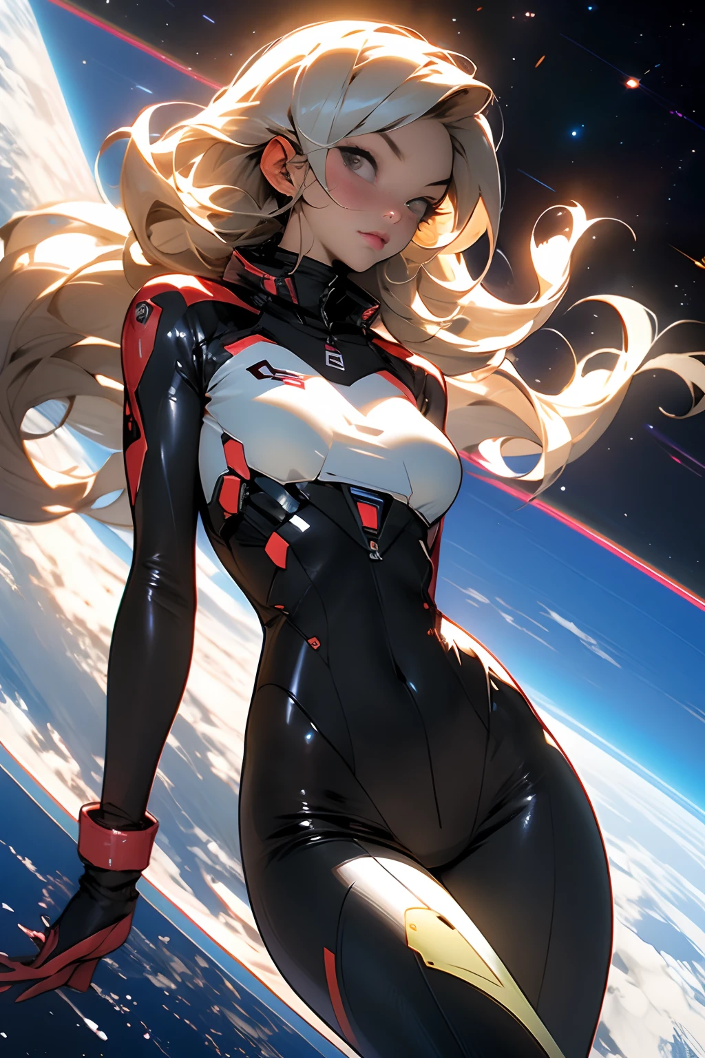 sandy hair fit body large breasts slender thighs slender waist pilot suit solo looking at viewer in space long hair blushing determination, 8k, extreme detail,