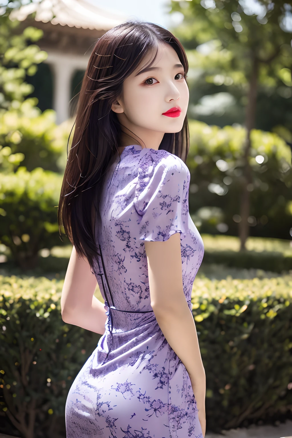 (purple printed china dress),1 girl, (arms behind back:1.1),(realistic:1.7),((best quality)),absurdres,(ultra high res),(photorealistic:1.6),photorealistic,octane render,(hyperrealistic:1.2), (photorealistic face:1.2), (8k), (4k), (Masterpiece),(realistic skin texture), (illustration, cinematic lighting,wallpaper),( beautiful eyes:1.2),((((perfect face)))),(cute),(standing),(black hair),black eyes,red lips, (outdoors),