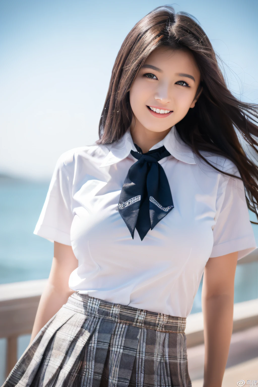 8K raw photo, Best quality, masterpiece, ultra high res, 3d, realistic, 1girl, Japanese, black_hair, black_sailor_collar, long_hair, nose, school_uniform, neckerchief, natural skin texture, light brown_eye, detailed eyes and face, lips, lipstick, smile, teeth, beautiful legs, enormous breasts, beautiful seaside location, (detailed background), plaid skirt, white shirt, enormous breast, blurry background, short sleeves