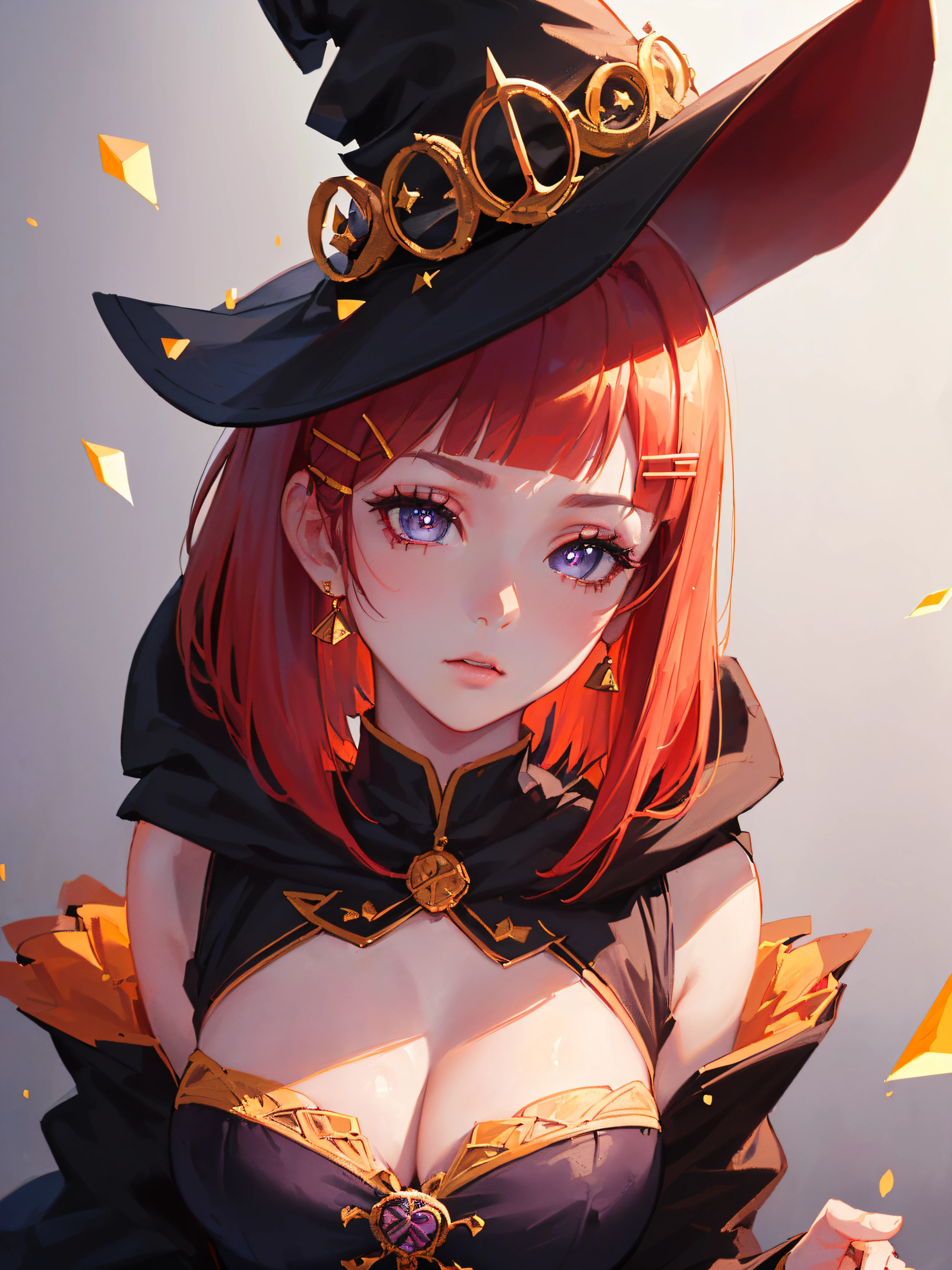 ((((holloween theme,meticulous portrayal of face，1 noblewoman，a matural female，))))(Black dress long dress，)(dark night background+,perfect background)，Prom，Court etiquette，  s the perfect face， Perfect lips， perfect  eyes,)(((theater gothic style,red hair,baggy coat,large cloak,)))，((1lady,adorable korean mixed race of Saudi Arabia girl，rosto magro，Solo,))(Masterpiece,Best quality, offcial art, Beautiful and aesthetic:1.2),((超高分辨率,Golden ratio,)) (16k),((theater mask,round eyewear,melon face，from above，1JK,pumpkin,pumpkin light,big purple witch hat)),(Physically-based rendering),Amazing,Sharp focus, (((highdetailskin,))),Intricately detailed clothing，Burgundy pupils,Hexagram pupils,intricate pupils,((((detailed hair|short hair|long bangs|blunt bangs)))),((Slender,))(masterpiece sidelighting),(The sheen),(beautiful hair,beautiful eyes,）[[Delicate fingers and hands:0.55]::0.85],(Detail fingers),(((Superior quality)))),((unbelievable Ridiculous,)),((extremely_Detailed_Eyes_and_face)),Movie girl,(Dynamic configuration: 1.2),Brilliant,Beautiful woman, (Photorealistic),( maple,), mitts, star earrings, ((hairclip)), Light particles, view the viewer,  petals, Side Rock,, two-sided fabric