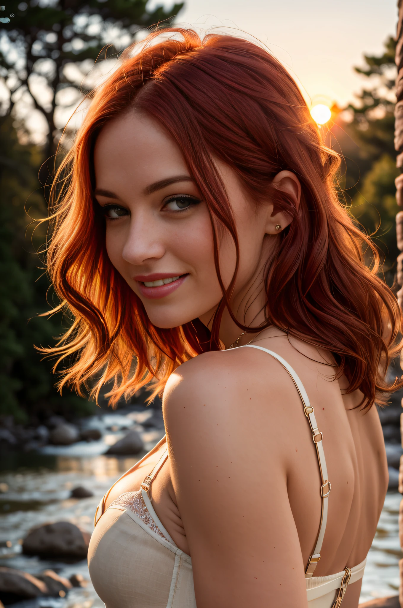 Portrait of a 32-year-old red-haired woman, French, close-up chest, undone bustier in cream-colored linen, hands in hair, ultra detailed skin texture, sexuality, seduction, loving look, light smile, river, rock, forest, setting sun, dynamic light, contrast, cinematic rendering, 32K, RAW