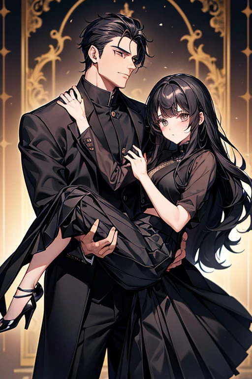 (1 Girl), (1 Boy), black hair, man carrying woman as princess, (man in black Gakuran and black slacks), (woman in black saree and black pleated skirt), (girl with long hair),cool guy, cute girl, princess carry, cinematic effect, romantic, accurate posing, accurate human structure, high quality, high resolution, masterpiece