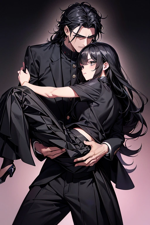 (1 Girl), (1 Boy), black hair, man carrying woman as princess, (man in black Gakuran and black slacks), (woman in black saree and black pleated skirt), (girl with long hair),cool guy, cute girl, princess carry, cinematic effect, romantic, accurate posing, accurate human structure, high quality, high resolution, masterpiece