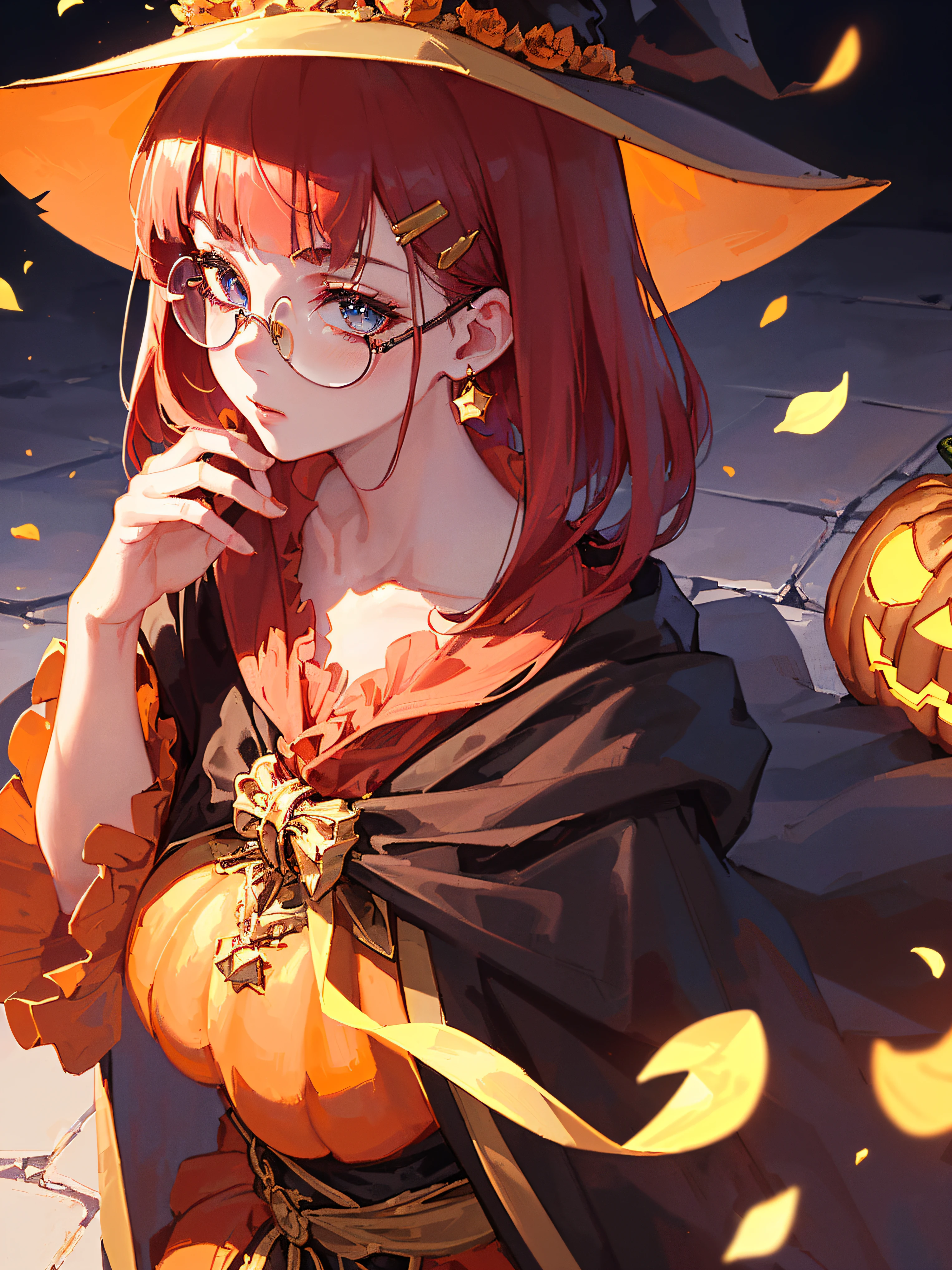 ((((holloween theme,meticulous portrayal of face，1 noblewoman，a matural female，))))(Black dress long cloak，)(dark night background+,perfect background)，Prom，Court etiquette，  s the perfect face， Perfect lips， perfect  eyes,)(((theater gothic style,red hair,baggy coat,large cloak,)))，((1lady,adorable korean mixed race of Saudi Arabia girl，rosto magro，Solo,))(Masterpiece,Best quality, offcial art, Beautiful and aesthetic:1.2),((超高分辨率,Golden ratio,)) (16k),((opera mask,round eyewear,melon face，from above，1JK,pumpkin,pumpkin light,big witch hat)),(Physically-based rendering),Amazing,Sharp focus, (((highdetailskin,))),Intricately detailed clothing，Burgundy pupils,Hexagram pupils,intricate pupils,((((detailed hair|short hair|long bangs|blunt bangs)))),((Slender,))(masterpiece sidelighting),(The sheen),(beautiful hair,beautiful eyes,）[[Delicate fingers and hands:0.55]::0.85],(Detail fingers),(((Superior quality)))),((unbelievable Ridiculous,)),((extremely_Detailed_Eyes_and_face)),Movie girl,(Dynamic configuration: 1.2),Brilliant,Beautiful woman, (Photorealistic),( maple,), mitts, star earrings, ((hairclip)), Light particles, view the viewer,  petals, Side Rock,, two-sided fabric