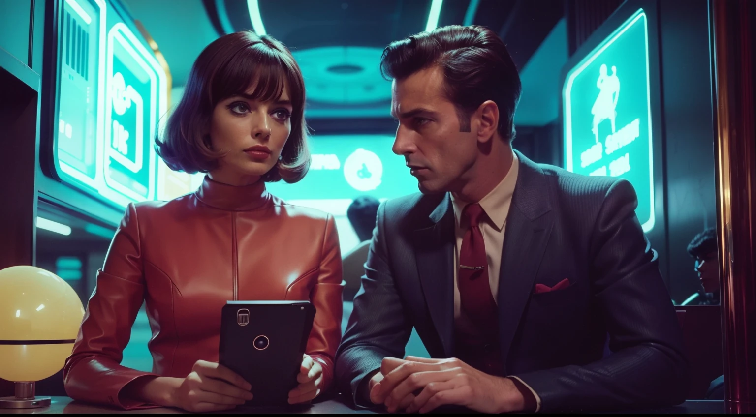 4k image from a 1960s science fiction film, Image from a Wes Anderson movie, pastels colors, close up portrait of a man and a sexy woman wearing retro-futuristic fashion clothes in a cyberpunk shoping mall, sci fi city with alien futuristic technological ornaments and devices, cinemactic light, Psychedelia