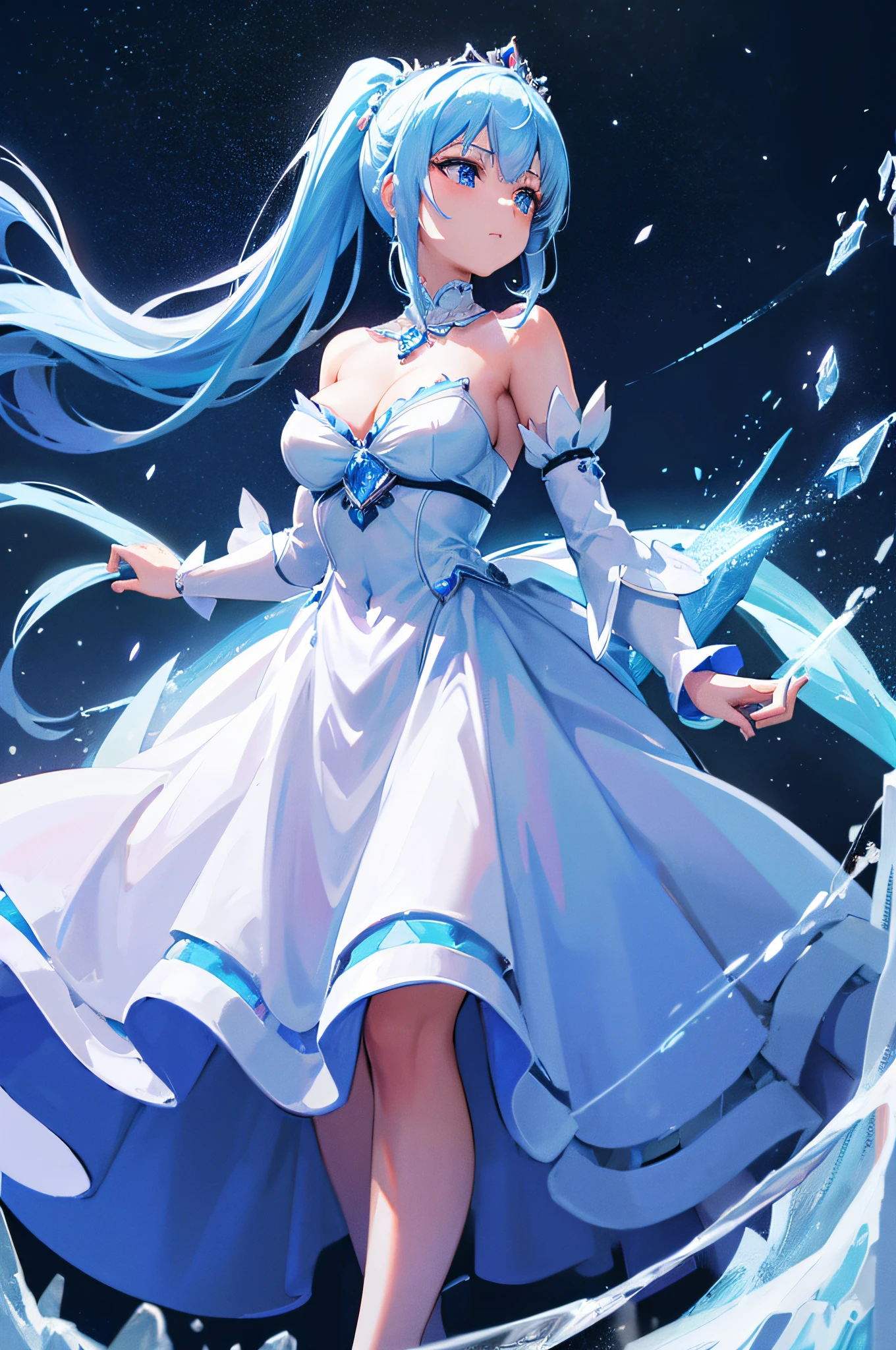 4k,hight resolution,One Woman,White-blue hair,Long ponytail,Bright blue eyes,hime,Princess dress made of ice,Princess Tiara,jewel decorations,Castle made of ice,nigh sky,Background of the Oora Borealis