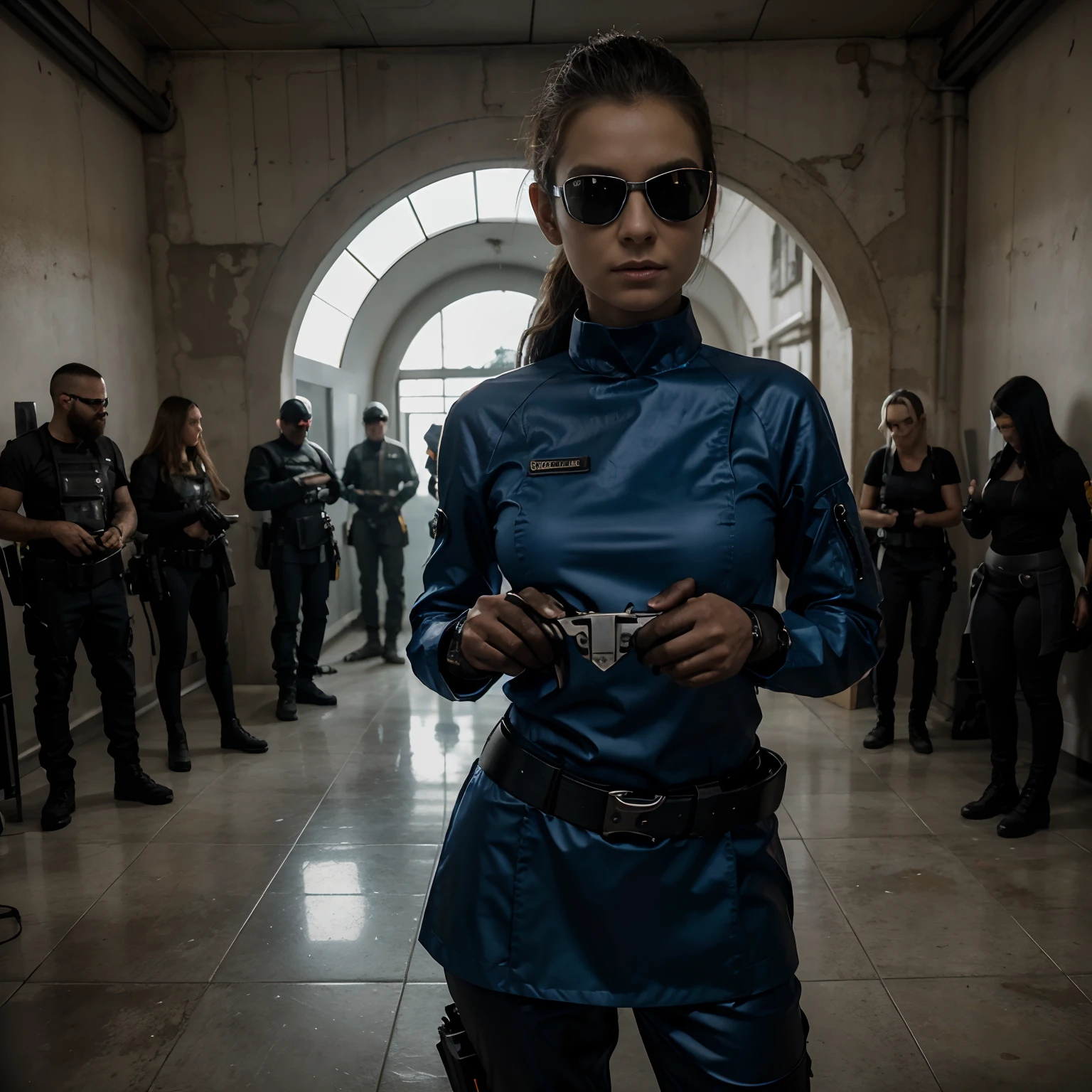 Roupa de chefe de cozinha estilo futurista, Bladed Guns, armas lazer, face com barba viking, cara de mal, cicatriz, Futuristic Tactical Goggles, roupa suja de batalhas, luva com garras em formato de facas de cozinha, escopeta nas costas, uma pistola em cada lado do peito.  Post-apocalyptic scenario,  destruction, seres apavorados, Hidden Crowd, medo, Colors: Metallic Blue, preto, cinza.
