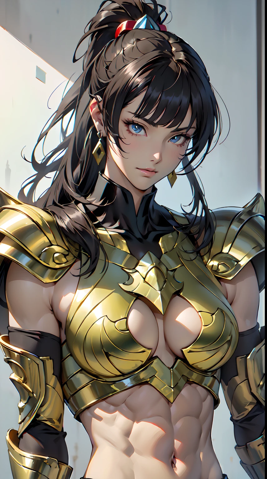 a beautiful girl, (saint seiya, Pegasus armor: 1.2), big breasts, (abs: 1.3), (earrings:1.3), (asymmetrical bangs:1.3), ponytail hair, highly detailed face and eyes, masterpiece, Aesthetic, anime style drawing, by Ayami kojima, HDR, digital art, by Yusuke Murata.