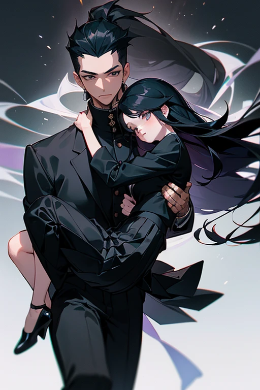 (1 Girl), (1 Boy), black hair, man carrying woman as princess, (man in black Gakuran and black slacks), (woman in black saree and black pleated skirt), (girl with long hair),cool guy, cute girl, princess carry, cinematic effect, romantic, accurate posing, accurate human structure, high quality, high resolution, masterpiece