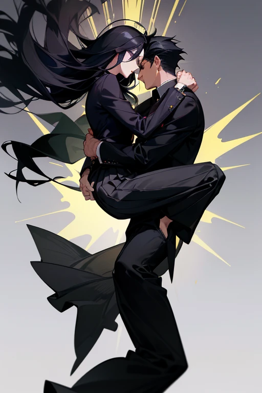 (1 Girl), (1 Boy), black hair, man carrying woman as princess, (man in black Gakuran and black slacks), (woman in black saree and black pleated skirt), (girl with long hair),cool guy, cute girl, princess carry, cinematic effect, romantic, accurate posing, accurate human structure, high quality, high resolution, masterpiece