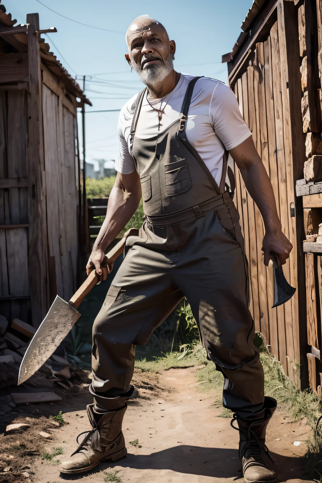 zumbi lenhador loiro, ((With wood-chopping axe in his hands)), (Suspenders attached to pants), ensanguentado