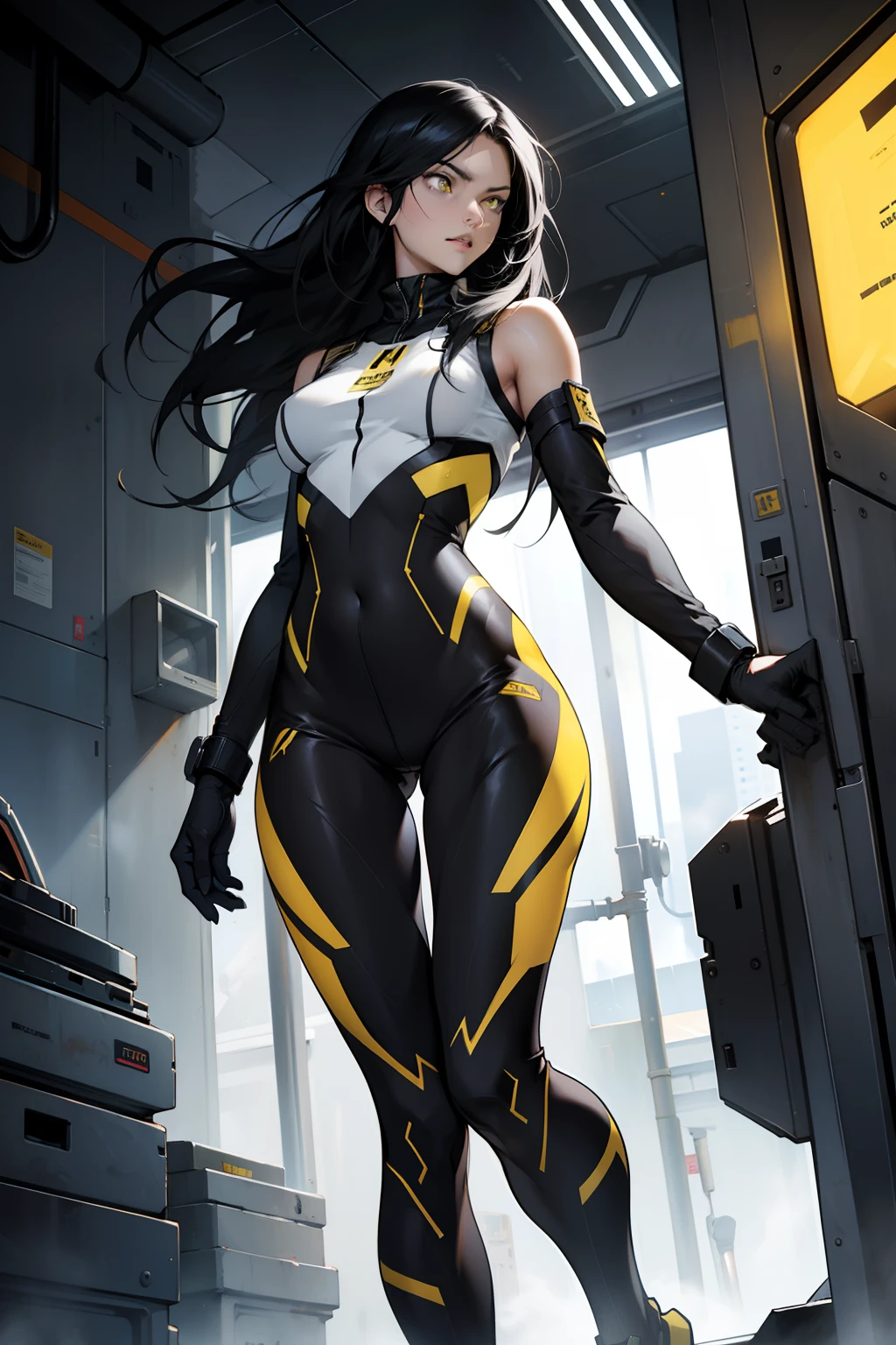 8k,best quality,masterpiece, highest quality, High resolution ,Mizuki Yukikaze, 1 person,Hair Ribbon, Black leotard,( (Taimanin suit)), skinny,flat ,One Piece Tan, Elbow Bag, Fingerless gloves, Thigh-high boots,pov,Are standing,full body,