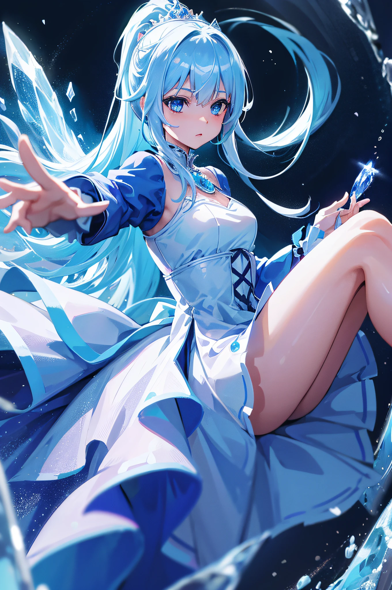 4k,hight resolution,One Woman,White-blue hair,Long ponytail,Bright blue eyes,hime,Princess dress made of ice,Princess Tiara,jewel decorations,Castle made of ice,nigh sky,Background of the Oora Borealis
