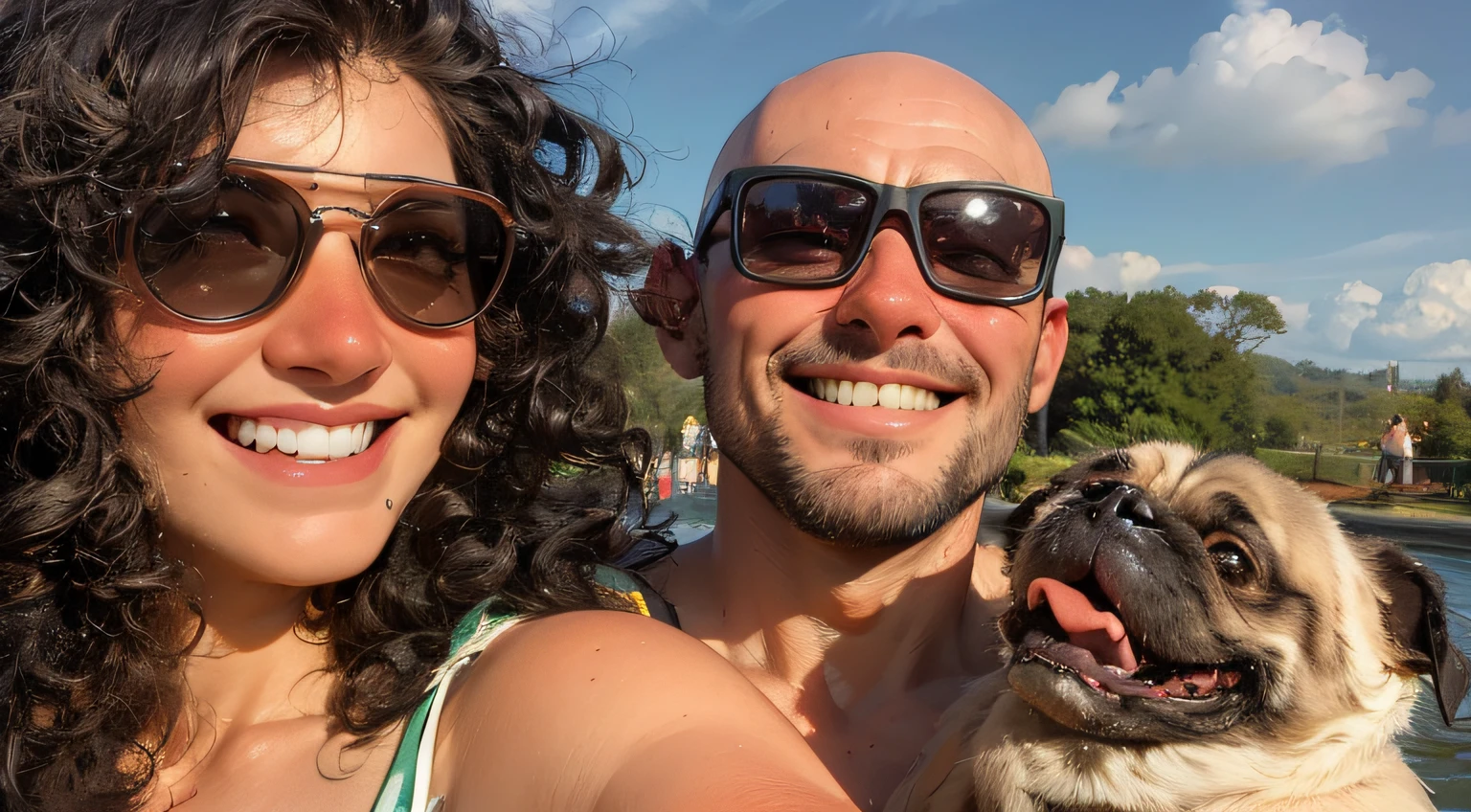 Casal feliz, tirando uma selfie no parque, com um pug gordinho e fofo sorrindo, Ultra Resolution, imagem fiel ao original