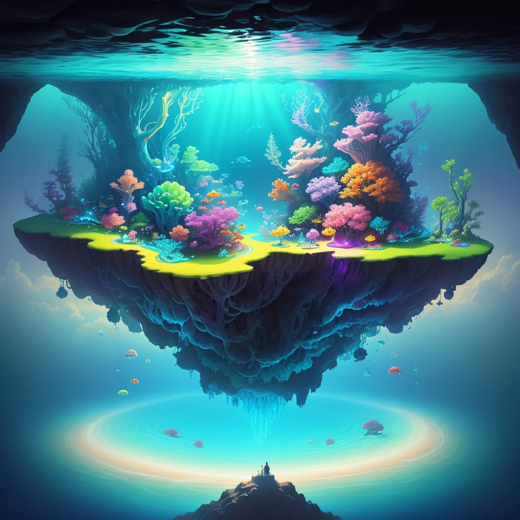 Create a vibrant and imaginative painting that depicts a surreal underwater world filled with floating islands, criaturas bioluminescentes, and a sense of tranquility.