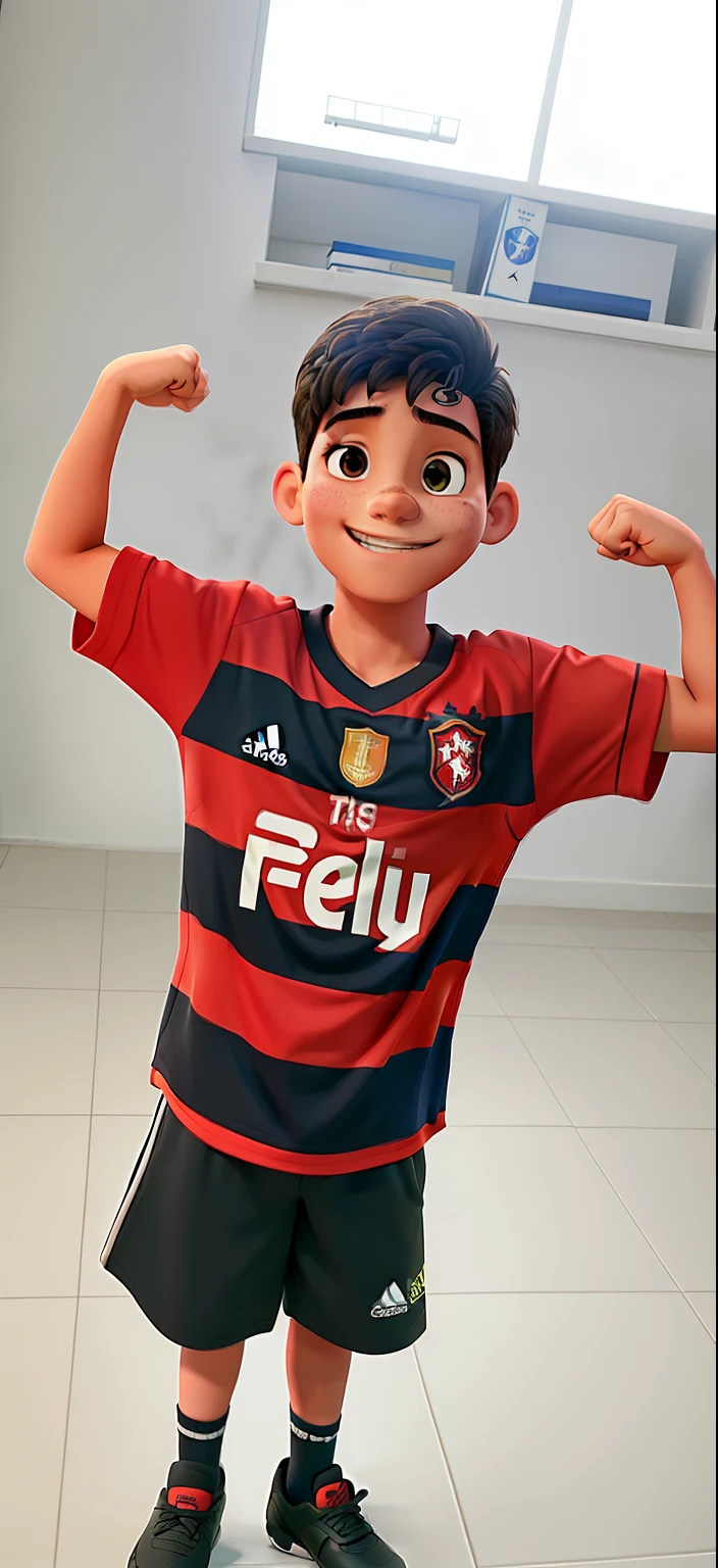 A boy showing his strength, com a camisa do time flamengo futebol clube, Very happy because of your team's victory, como pano de fundo uma parede branca