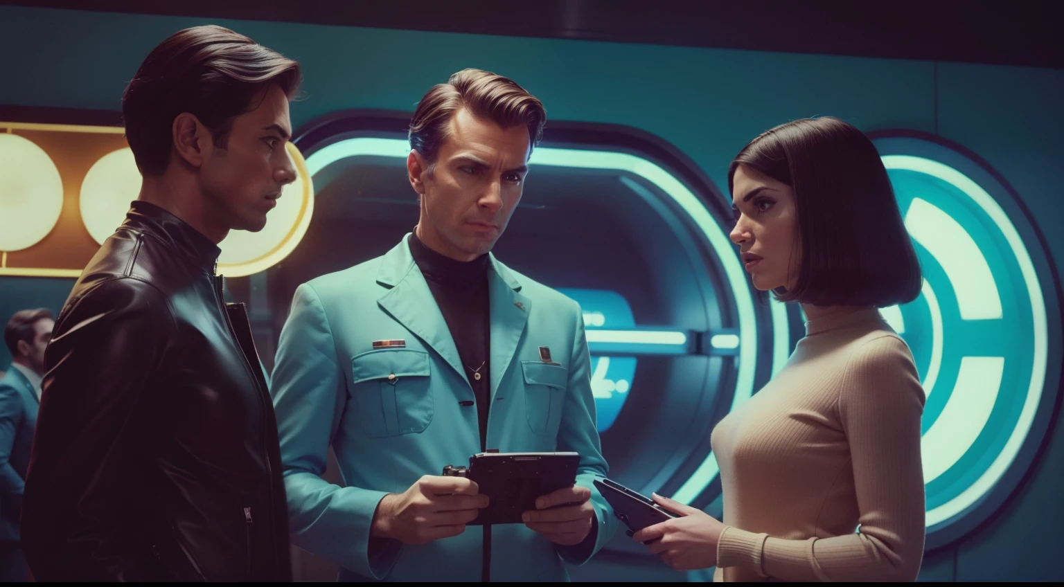 4k image from a 1960s science fiction film, Image from a Wes Anderson movie, pastels colors, close up portrait of a man and a sexy woman wearing retro-futuristic fashion clothes in a cyberpunk shoping mall, sci fi city with alien futuristic technological ornaments and devices, cinemactic light, Psychedelia