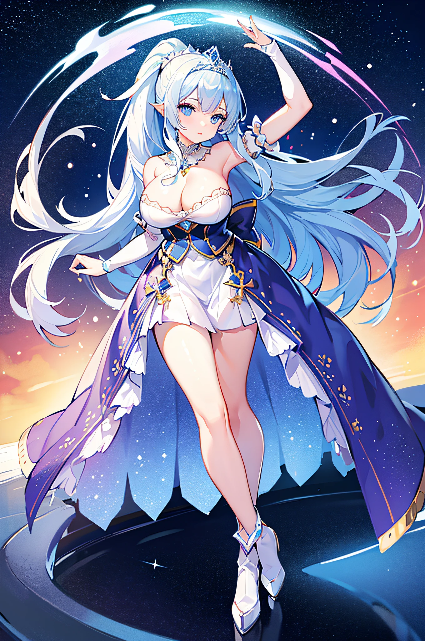 4k,hight resolution,One Woman,White-blue hair,Long ponytail,Bright blue eyes,large full breasts,hime,Dresses made of ice,Princess Tiara,jewel decorations,Castle made of ice,nigh sky,Background of the Oora Borealis