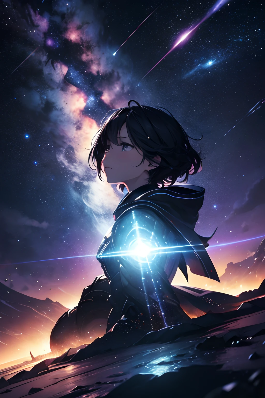 masterpiece、Background with((Fantastic starry sky、kosmos、Meteor swarm、black hole、Irridescent color))depth((planetes))、look up to