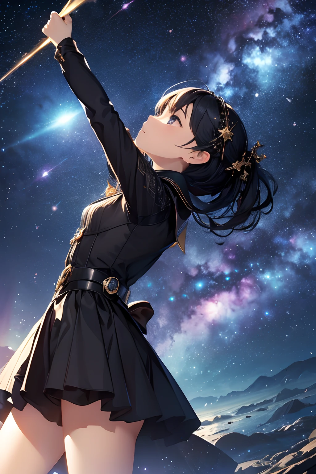 <lora:LAS:0.8> starry,stars cloud,colorful
highres, (official art, beautiful and aesthetic:1.2), close view, (arm up look up from below:1.2)
1girl, shining sky, vast world, gazing, awe-inspiring expression, distant horizon, clouds, high hill, natural beauty, inspiration, sky, Shining Stars,
(lighting shining brightest sky:1.2)
<lora:apstyle3diff:1> apstyle3 apstyle masterpiece best quality detailed eyes
<lora:detail_slider_v4:0.5>