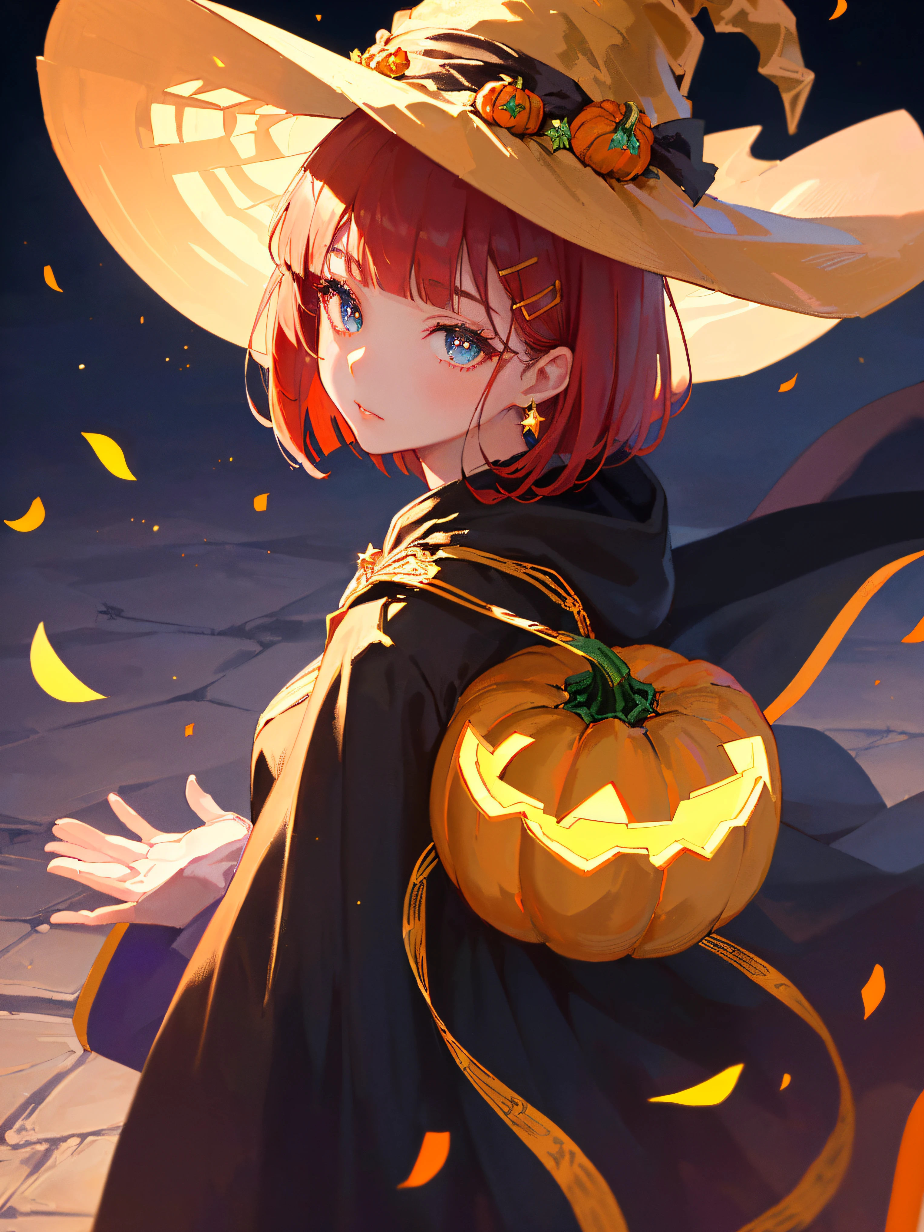 ((((holloween theme,meticulous portrayal of face，1 noblewoman，a matural female，))))(Black dress long cloak，)(dark night background+,perfect background)，Prom，Court etiquette，  s the perfect face， Perfect lips， perfect  eyes,)(((theater gothic style,red hair,baggy coat,large cloak,)))，((1lady,adorable korean mixed race of Saudi Arabia girl，rosto magro，Solo,))(Masterpiece,Best quality, offcial art, Beautiful and aesthetic:1.2),((超高分辨率,Golden ratio,)) (16k),((half mask,melon face，from above，1JK,pumpkin,pumpkin light,big witch hat)),(Physically-based rendering),Amazing,Sharp focus, (((highdetailskin,))),Intricately detailed clothing，crimson pupils,Hexagram pupils,intricate pupils,((((detailed hair|short hair|long bangs|blunt bangs)))),((Slender,))(masterpiece sidelighting),(The sheen),(beautiful hair,beautiful eyes,）[[Delicate fingers and hands:0.55]::0.85],(Detail fingers),(((Superior quality)))),((unbelievable Ridiculous,)),((extremely_Detailed_Eyes_and_face)),Movie girl,(Dynamic configuration: 1.2),Brilliant,Beautiful woman, (Photorealistic),( maple,), mitts, star earrings, ((hairclip)), Light particles, view the viewer,  petals, Side Rock,, two-sided fabric