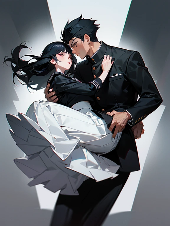 (1 girl), (1 boy), black hair, man carrying woman in a princess carry, (man in black Gakuran and black slacks), (woman in black sailor dress and black pleated skirt), cool guy, pretty girl, princess carry, cinematic effect, romantic, accurate posing, accurate human anatomy, high quality, high resolution, masterpiece