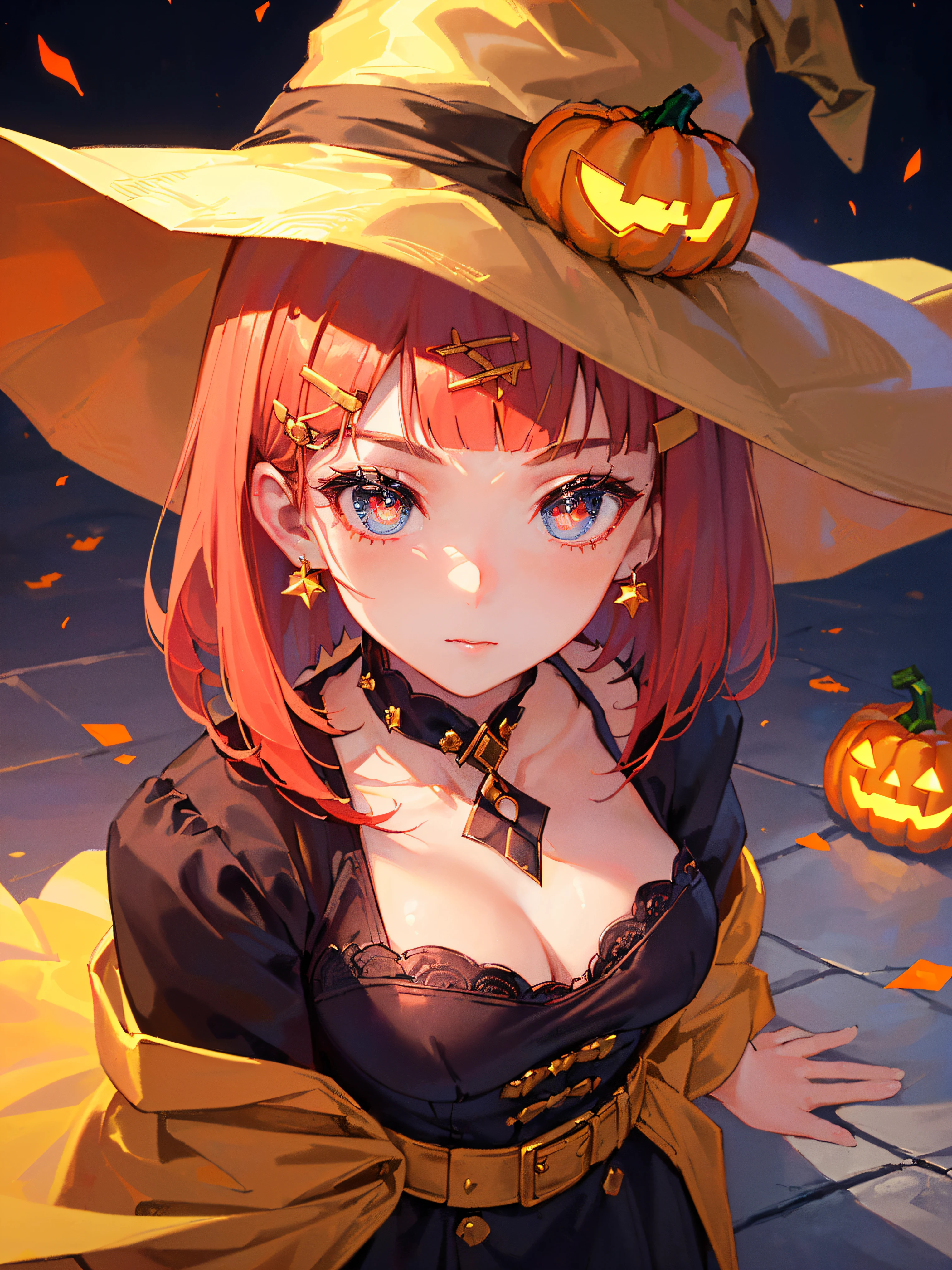 ((((holloween theme,meticulous portrayal of face，1 noblewoman，a matural female，))))(Black dress long cloak，)(dark night background+,perfect background)，Prom，Court etiquette，  s the perfect face， Perfect lips， perfect  eyes,)(((theater gothic style,red hair,baggy coat,large cloak,)))，((1lady,adorable korean mixed race of Saudi Arabia girl，rosto magro，Solo,))(Masterpiece,Best quality, offcial art, Beautiful and aesthetic:1.2),((超高分辨率,Golden ratio,)) (16k),((half mask,melon face，from above，1JK,pumpkin,pumpkin light,big witch hat)),(Physically-based rendering),Amazing,Sharp focus, (((highdetailskin,))),Intricately detailed clothing，red pupils,Hexagram pupils,intricate pupils,((((detailed hair|short hair|long bangs|blunt bangs)))),((Slender,))(masterpiece sidelighting),(The sheen),(beautiful hair,beautiful eyes,）[[Delicate fingers and hands:0.55]::0.85],(Detail fingers),(((Superior quality)))),((unbelievable Ridiculous,)),((extremely_Detailed_Eyes_and_face)),Movie girl,(Dynamic configuration: 1.2),Brilliant,Beautiful woman, (Photorealistic),( maple,), mitts, star earrings, ((hairclip)), Light particles, view the viewer,  petals, Side Rock,, two-sided fabric