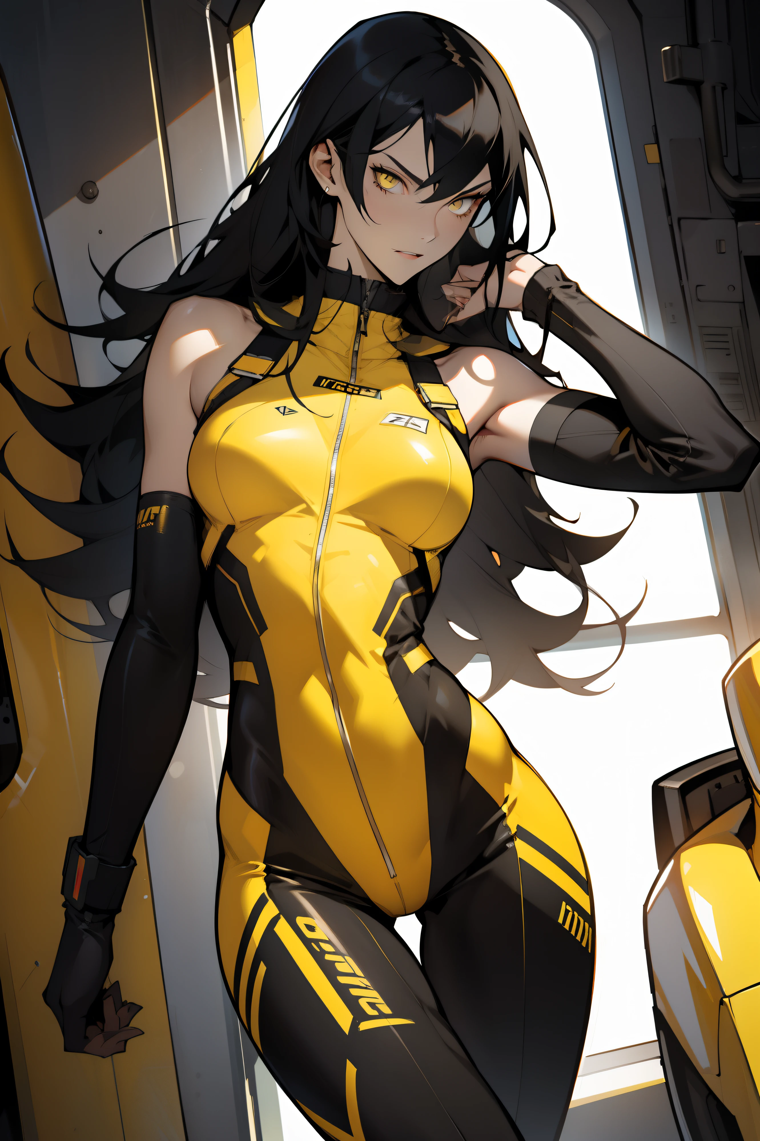 1 girl, black hair, yellow eyes, very long hair, pale skin, fit body, slender body, slim waist, large breasts, (confident expression), pilot suit, thigh gap, bare thighs, sleeveless