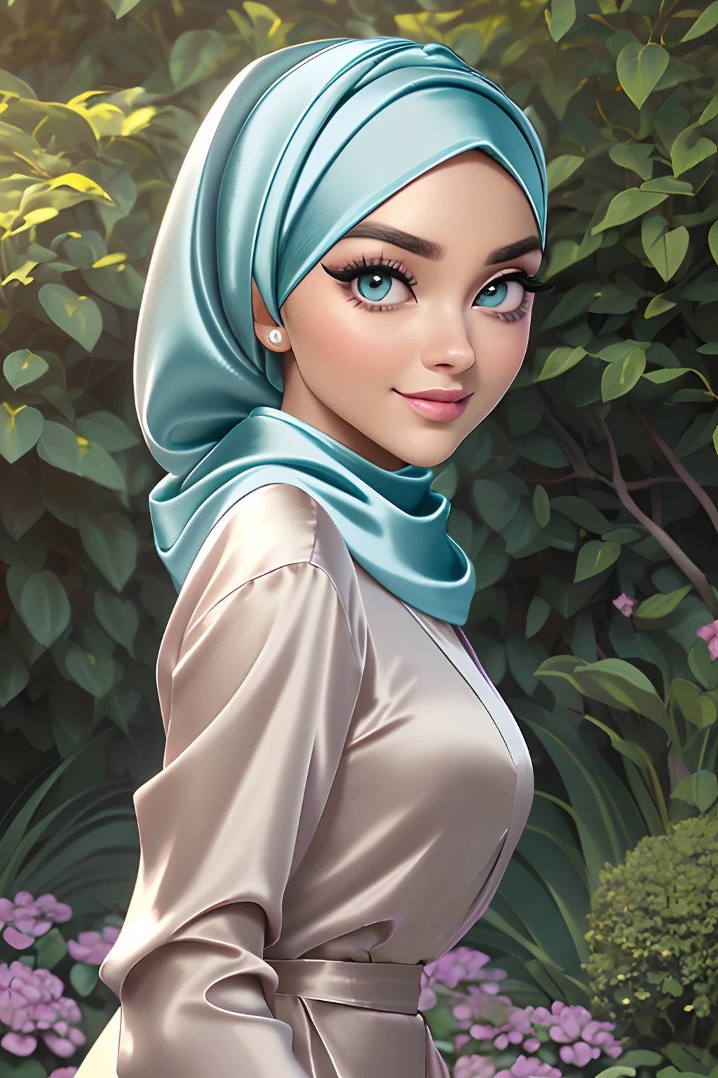 (masterpiece, best quality,3d rending work, 3DMM style, close-up, portrait, 3D pixar, 1girl, solo, The Everyday Wrap hijab style, looking to the side, realistic, looking away, parted lips, choker, makeup, big details eyes, (aqua satin hijab), ((Satin emilio pucci shirt)), satin long maxi skirt, walk in the garden